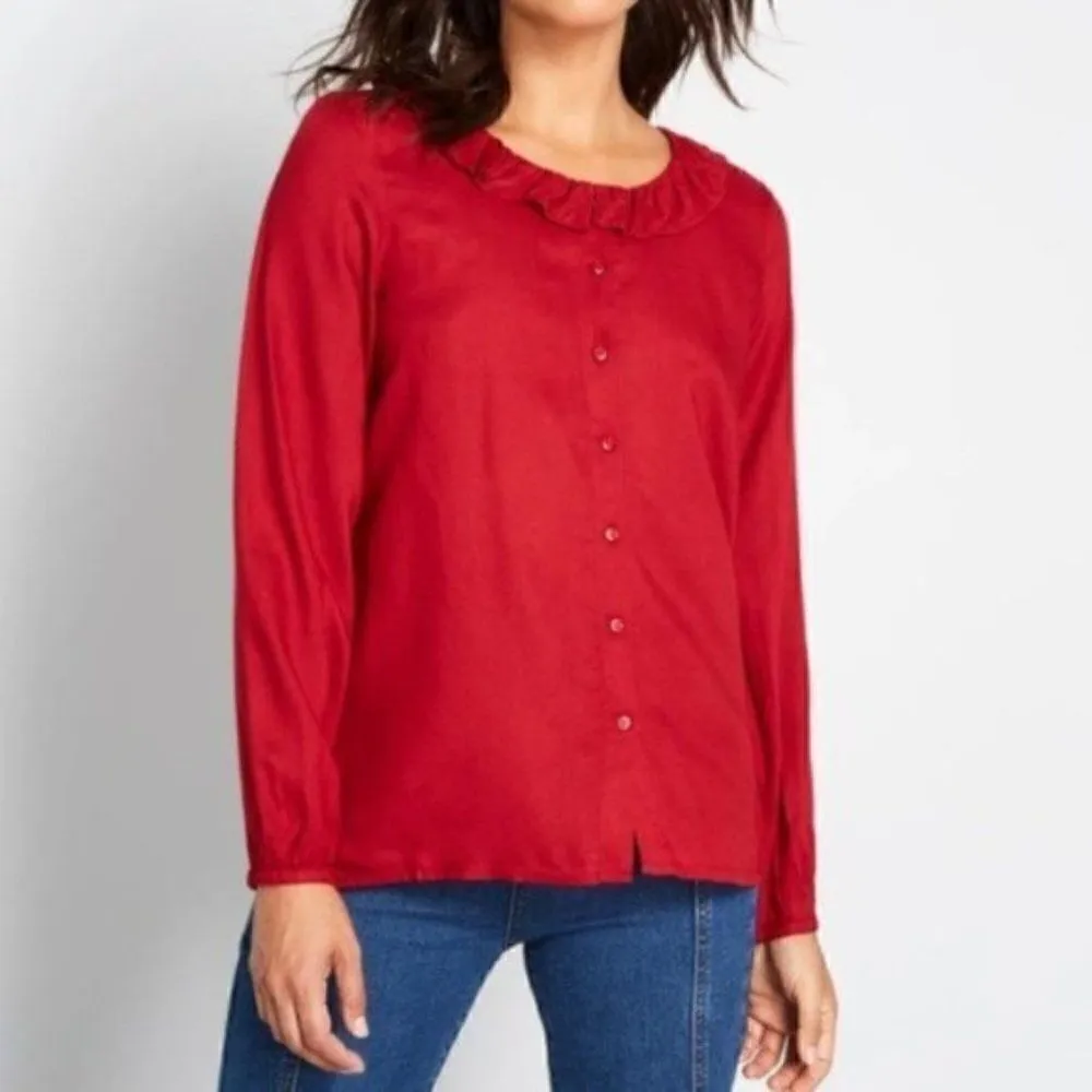 Modcloth Ruffle Collar Blouse The Frill Of It Top Red S - Image 2
