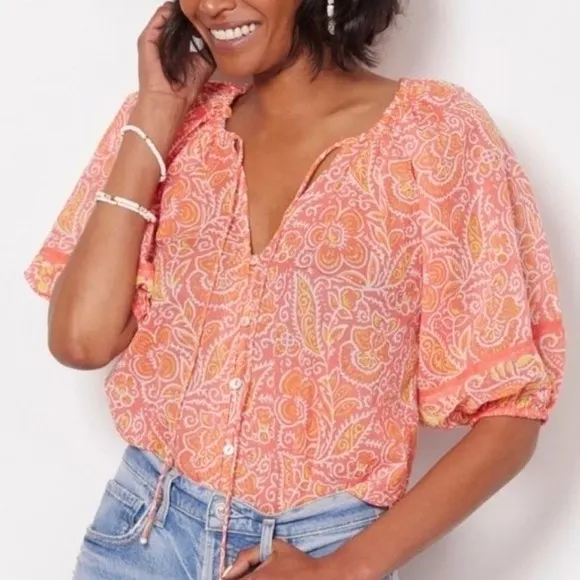 Cleobella Floral Boho Blouse Medium Pink Orange Puff Sleeve Button Front Top - Image 11