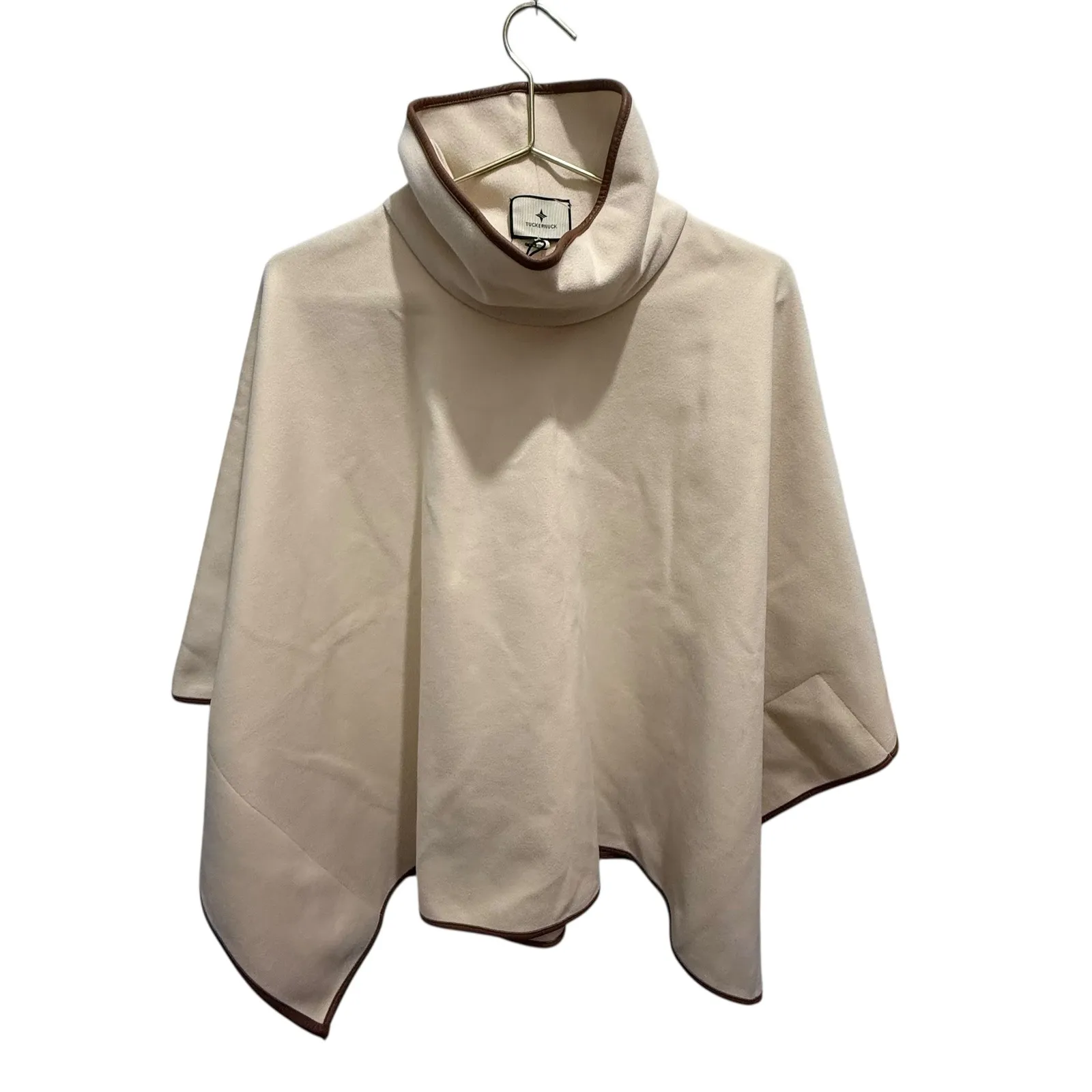 Tuckernuck Funnel Neck Piper Poncho Cream Brown Leather Trim Coastal Old Money - Image 7