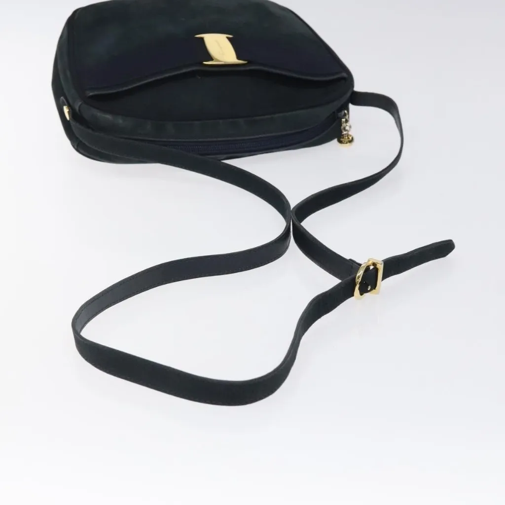 Salvatore Ferragamo Shoulder Bag Suede Navy Gold Authentic - Image 10