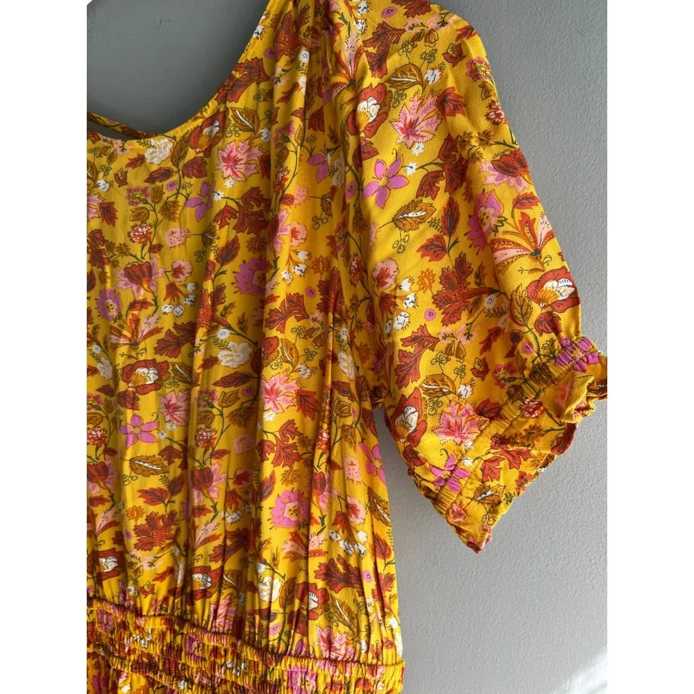 Floral Print Dress Smocked Waist Yellow Pink Rust Short Sleeve CasualFeminine - Image 3