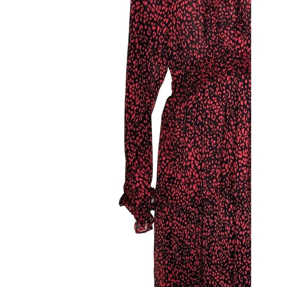 Zara Women's Dress Cheetah Long Sleeve Ruffled Trim Mini Red & Black‎ Large NWT - Image 3