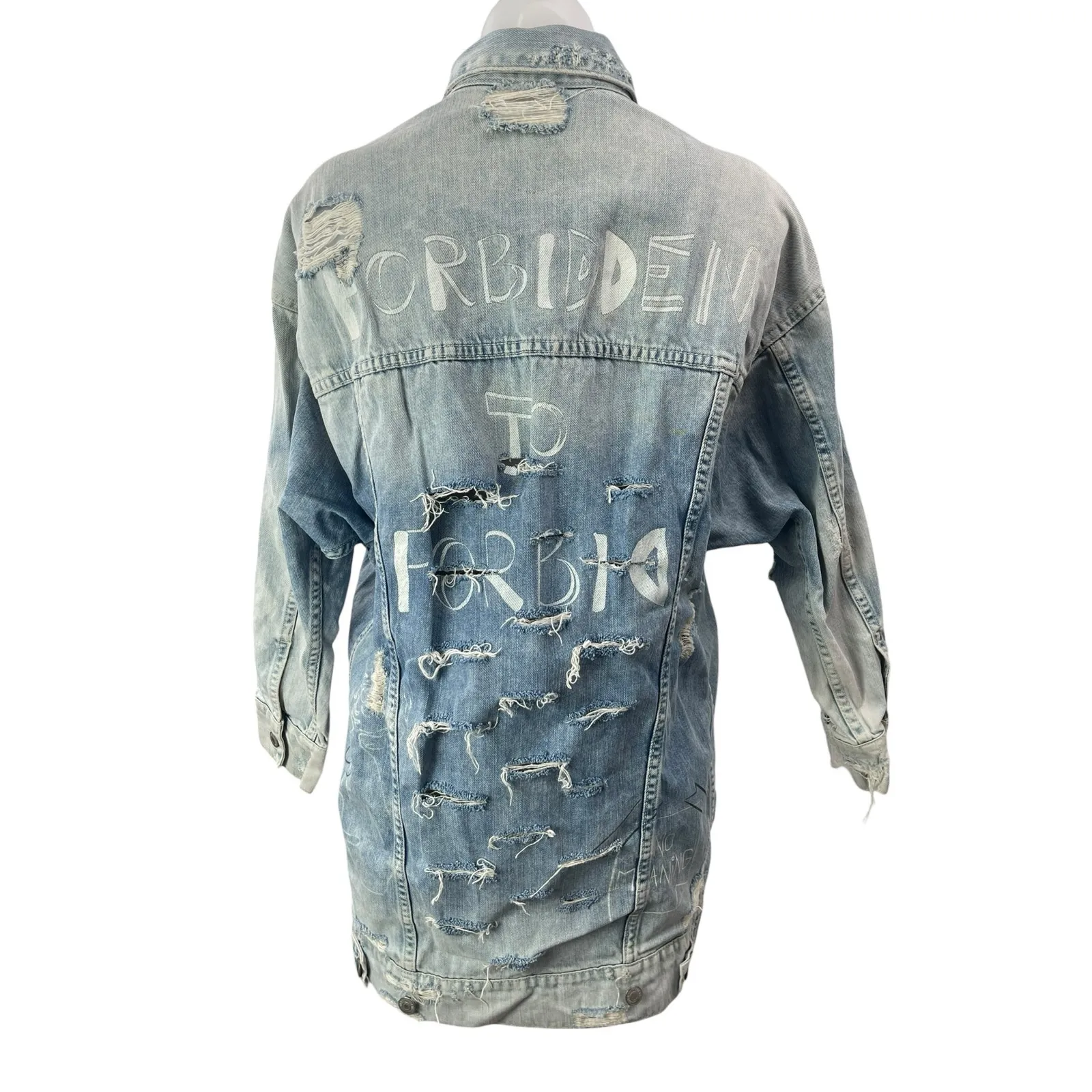 Zara Women's Blue Oversized  Distressed Graffiti Long Sleeve Denim Jean Jacket S - Image 2