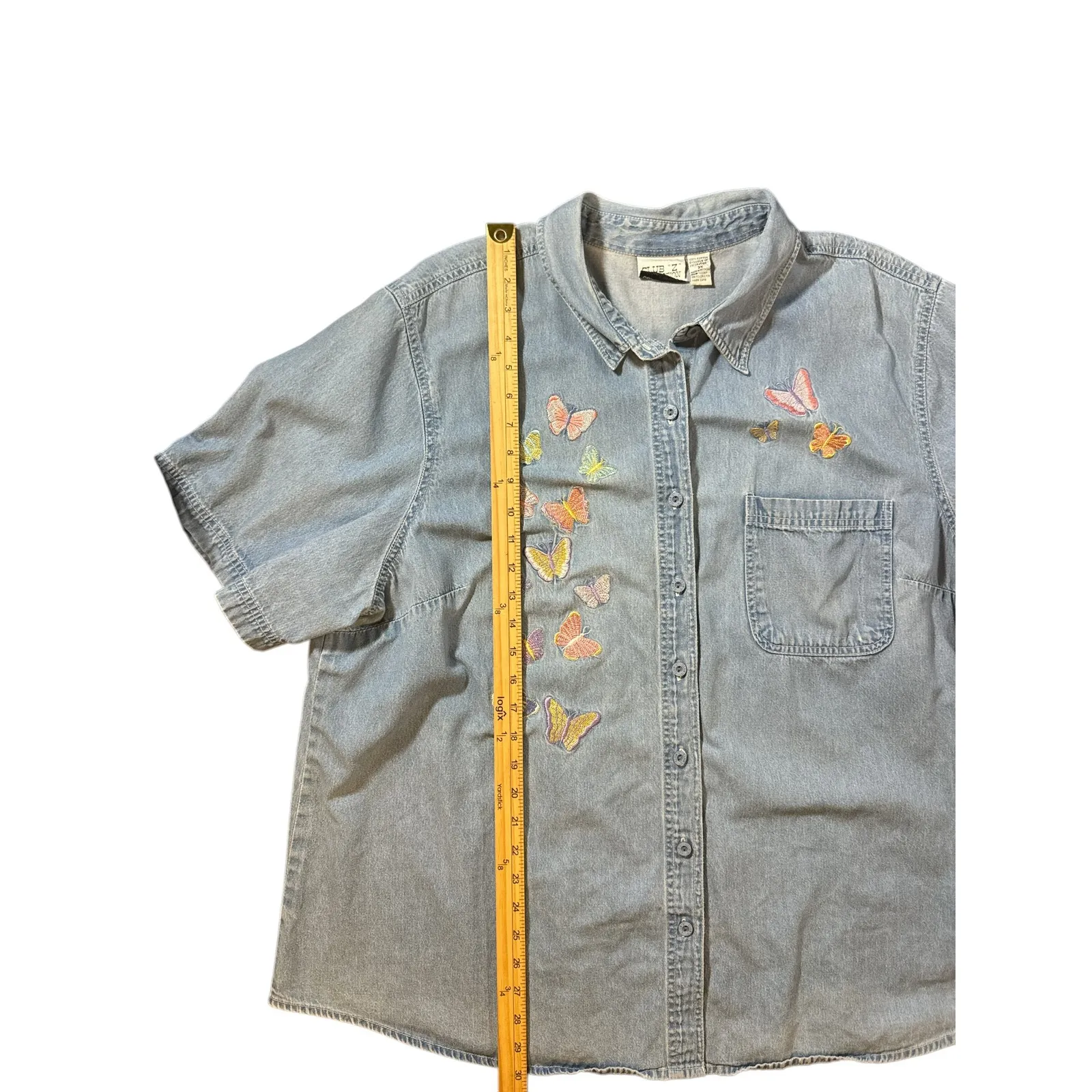 Vintage Y2K Club Z Chambray Denim Butterfly Embroidered Shirt 3X Blue - Image 5