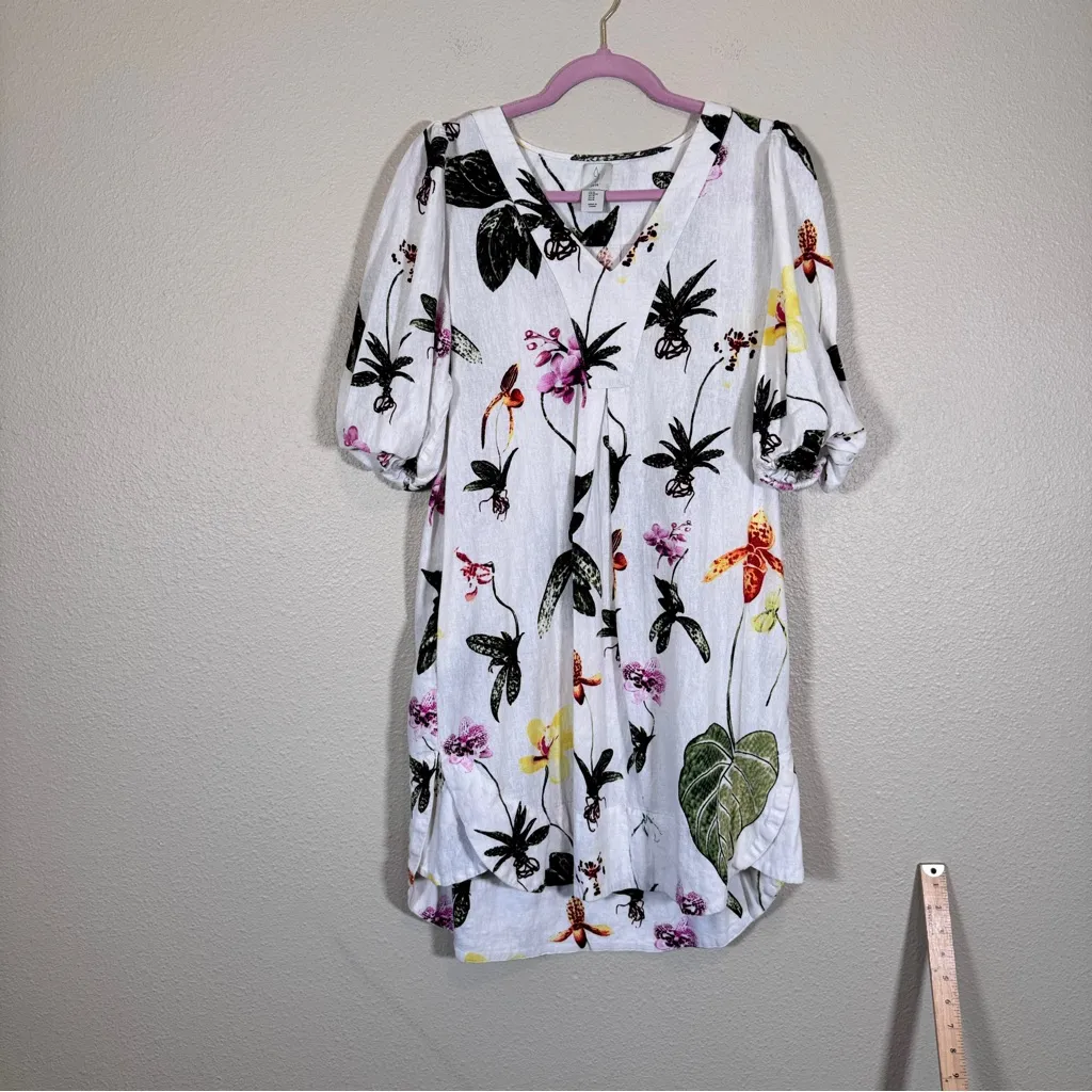Joie White Tropical Floral Print Linen Shift Dress Womens M Short Sleeve Mini - Image 11