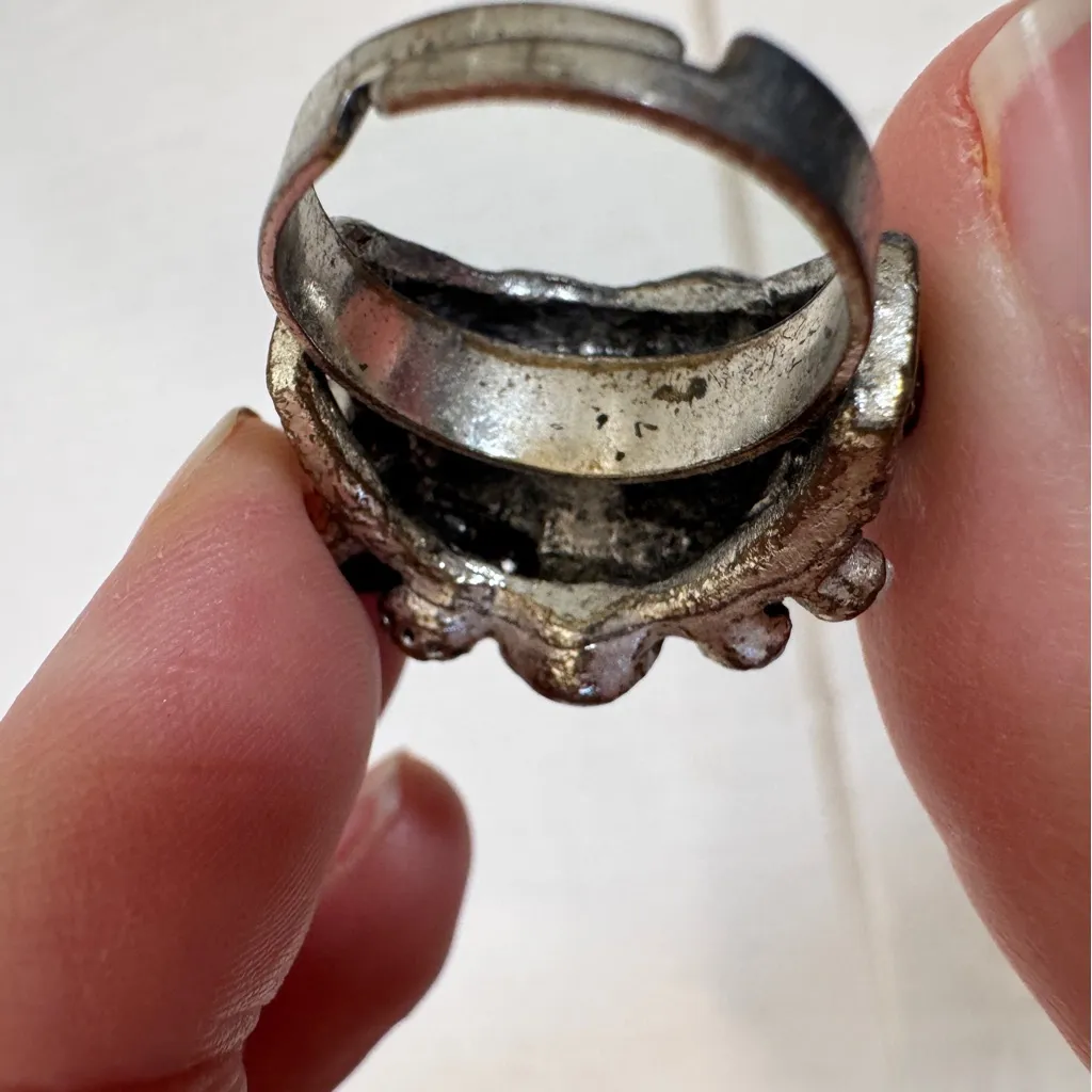 Vintage Silver Tone Rhinestone Faux Pearl Adjustable Ring Womens Jewelry Bling - Image 4