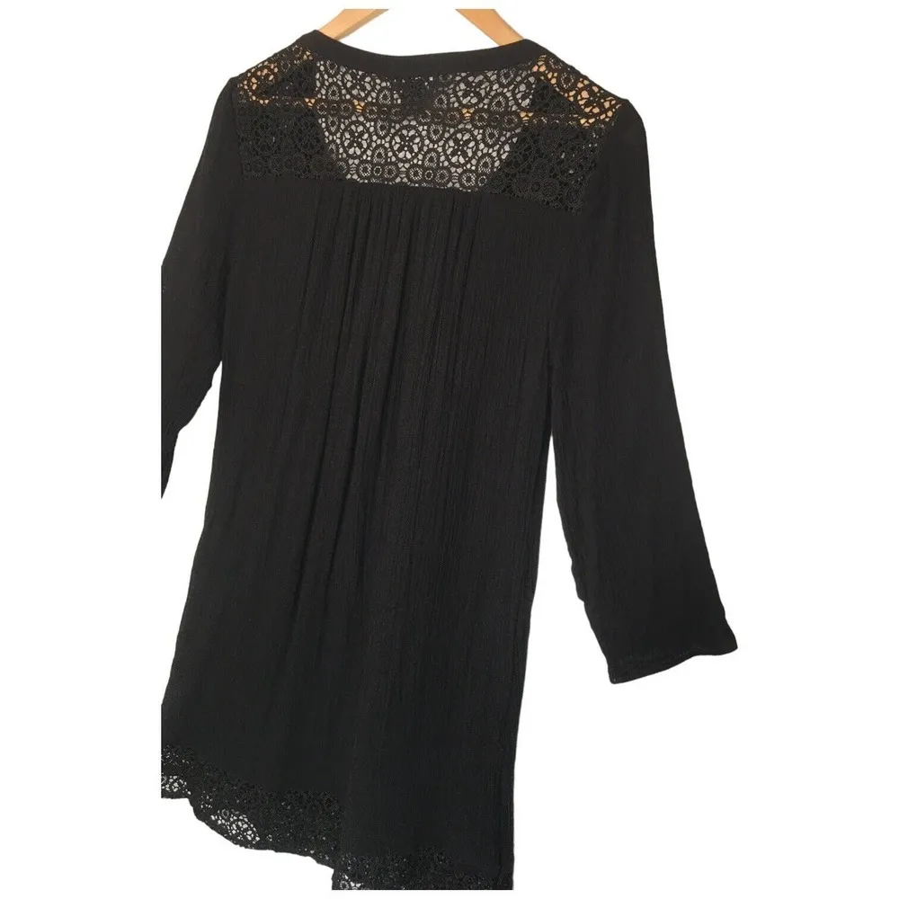 Lucky Brand Boho Crochet Lace Long Sleeve Tassel Textured Womens Dress Black S - Image 8