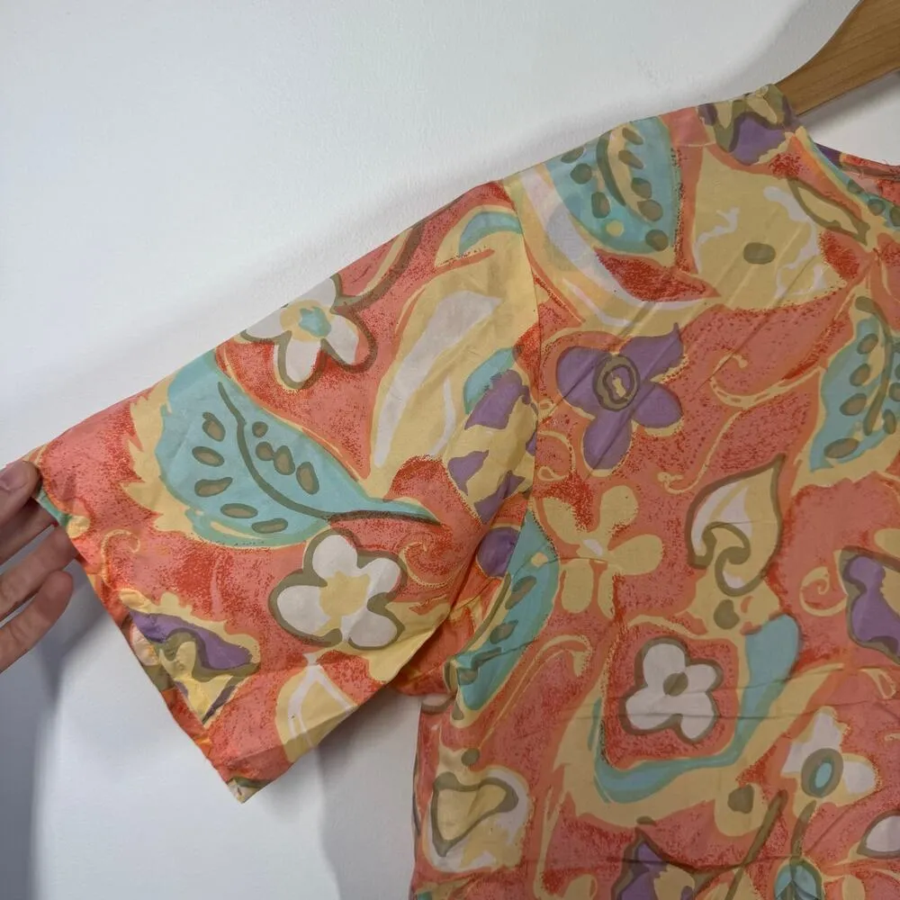 Vintage Top Women M Orange Floral 100% Silk Blouse Modest Business Career Spring Size M - Image 3