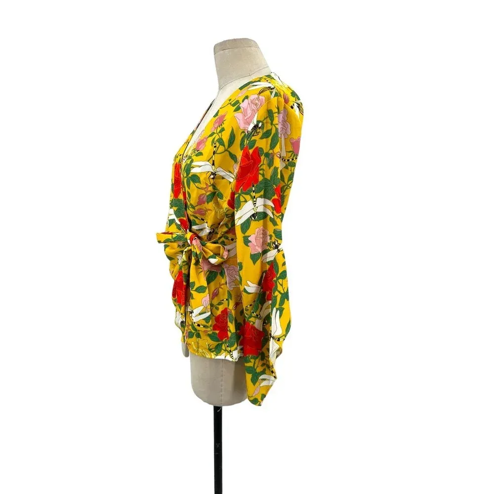 Betabrand Perfect Blouse Wrap‎ Top in Dragonfly Floral Print Yellow Size Medium - Image 7