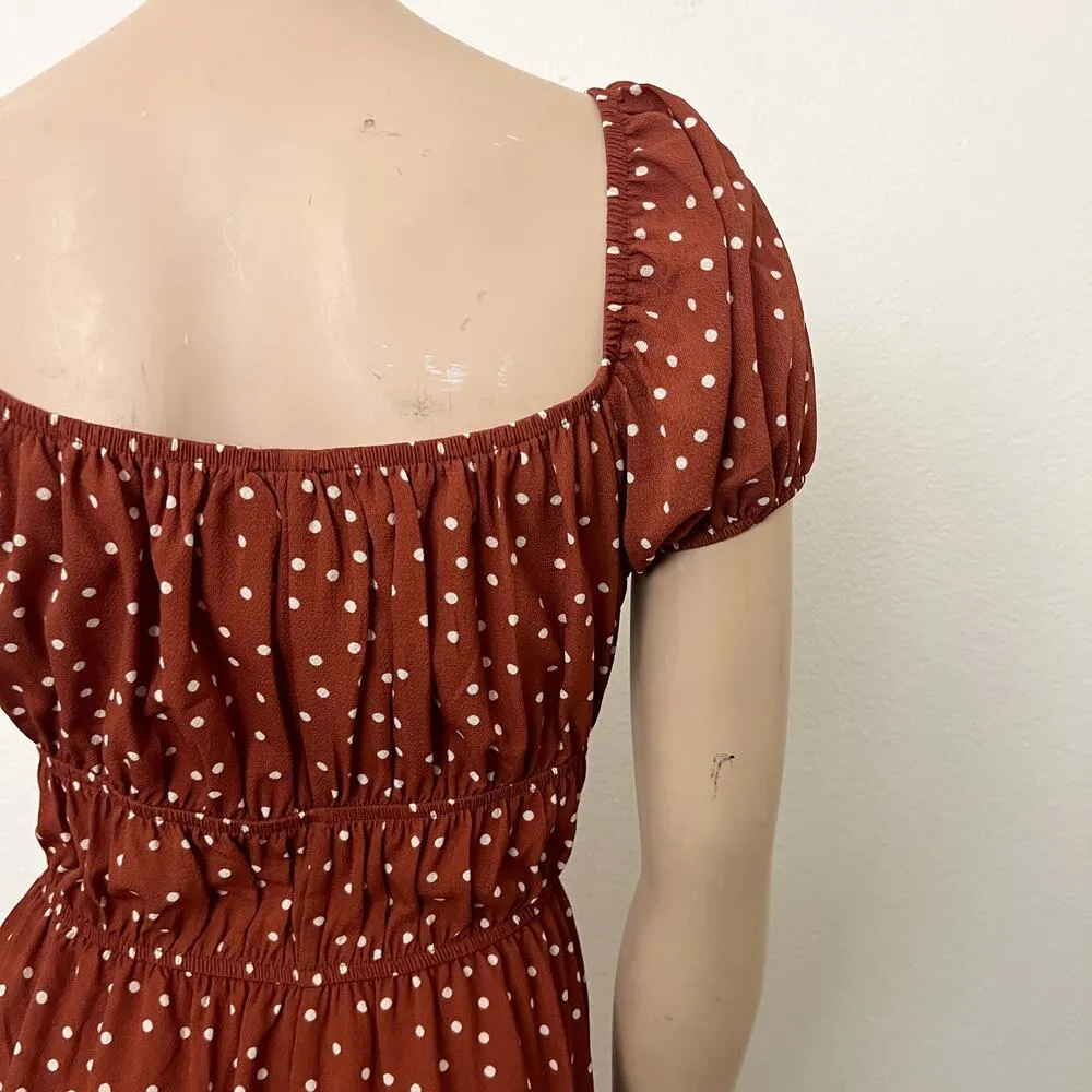[ASOS] Brown White Polka Dot Print Babydoll Shirred Puff Sleeve Mini Dress Sz 14 - Image 5