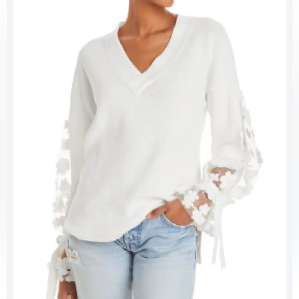French Connection S Caballo Floral Embroidered Statement Sleeve‎ Sweater White - Image 6