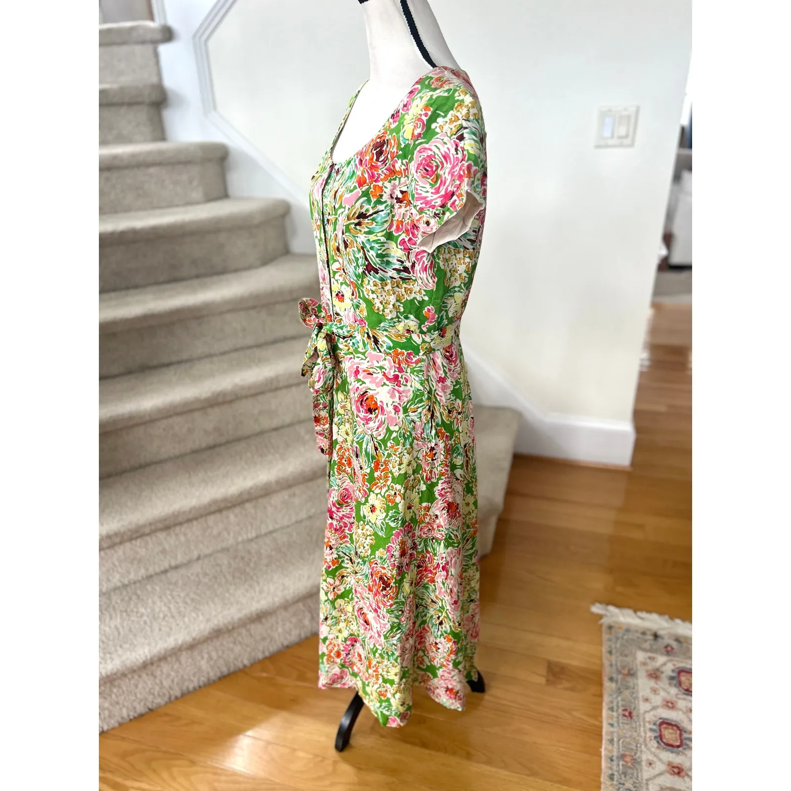 Vintage 90s Coldwater Creek Green Pink Floral Linen Button Front Midi Dress - Image 2