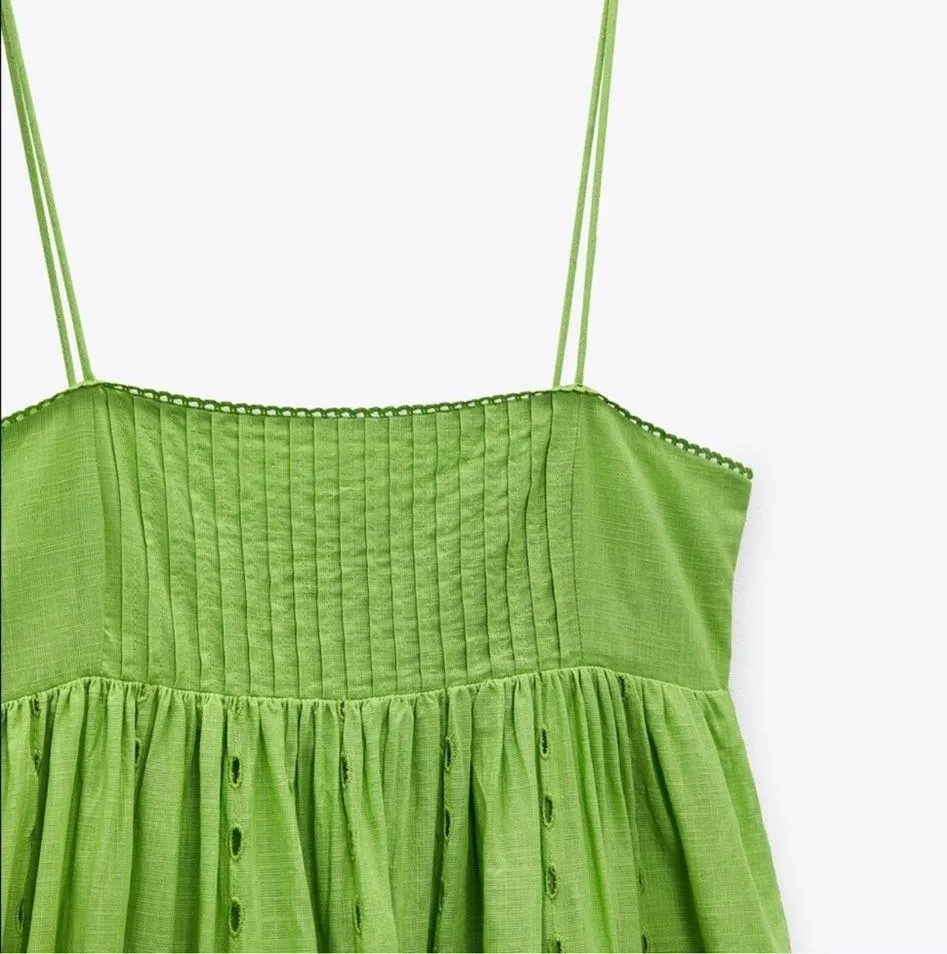 Zara Openwork Embroidery Midi Maxi Dress Lime Green 100% Cotton Size XS NEW - Image 6