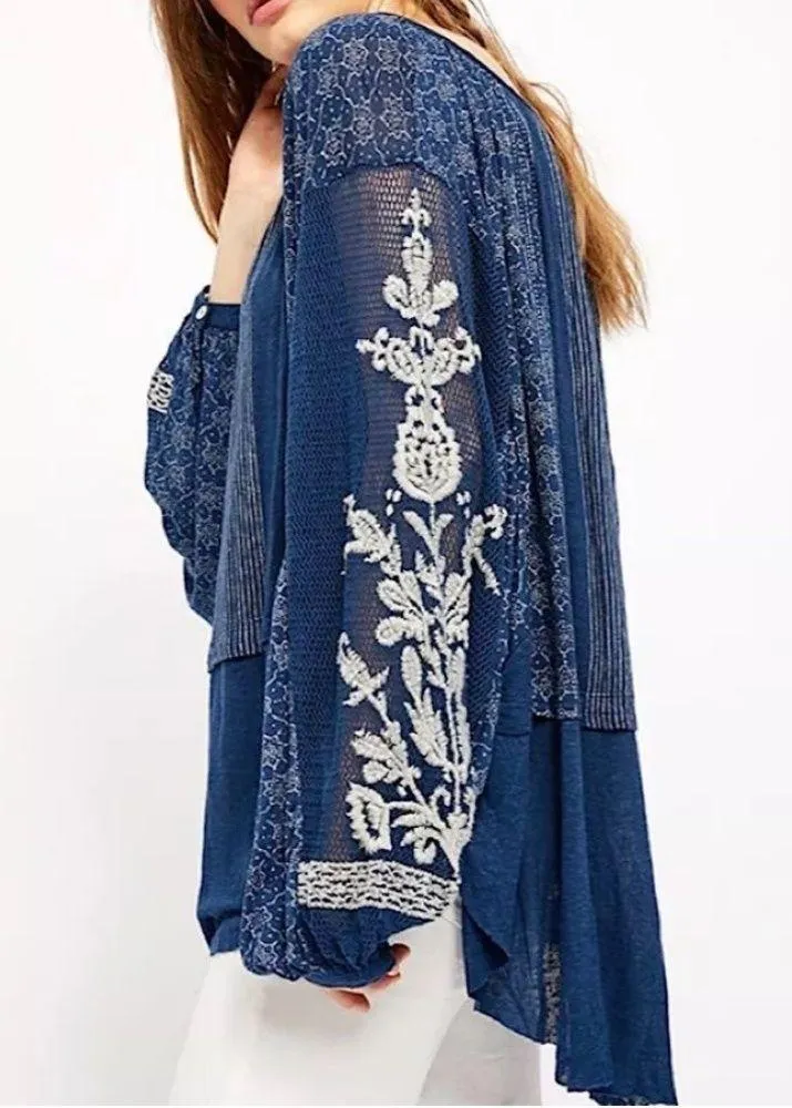 Free People Indigo Dreams Oversized Tunic Top Navy Blue Small NEW Boho Chic - Image 4