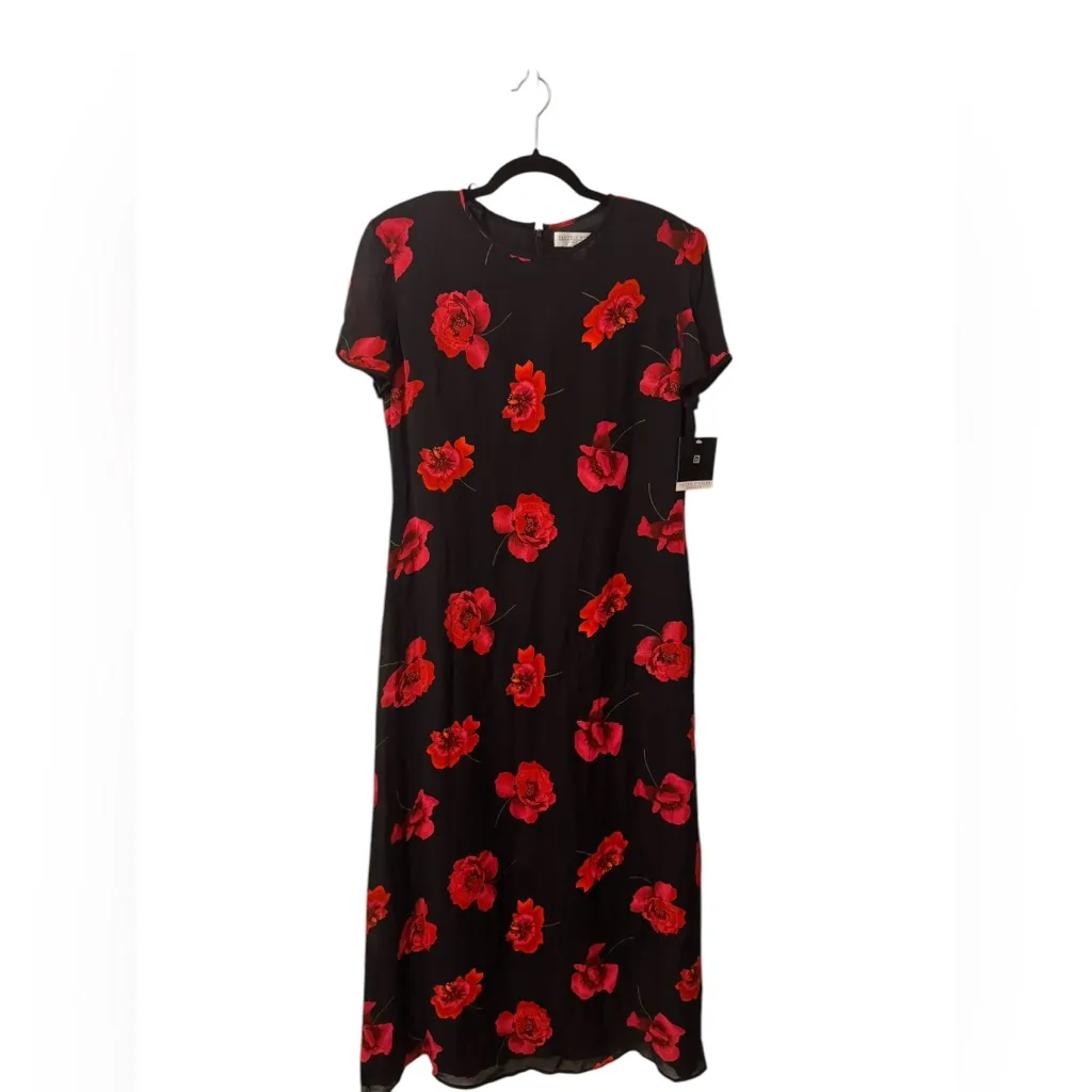 Valerie Stevens NWT Silk Maxi Dress Black Red Floral Poppy Size 12 Vintage Rare - Image 5