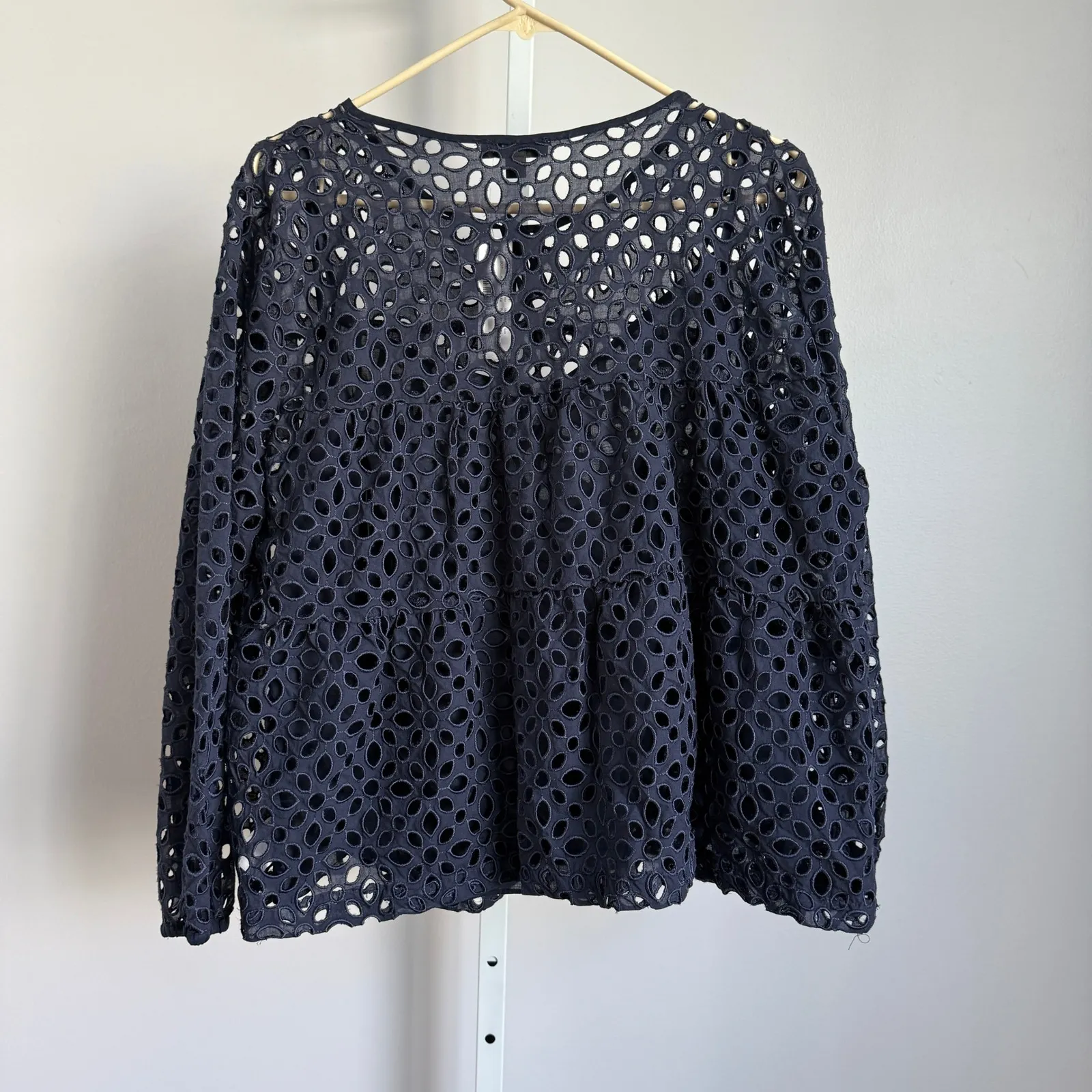 J. Crew Eyelet Top Blouse Womens‎ XXL Navy Blue Long Sleeve Tie Neck New - Image 8