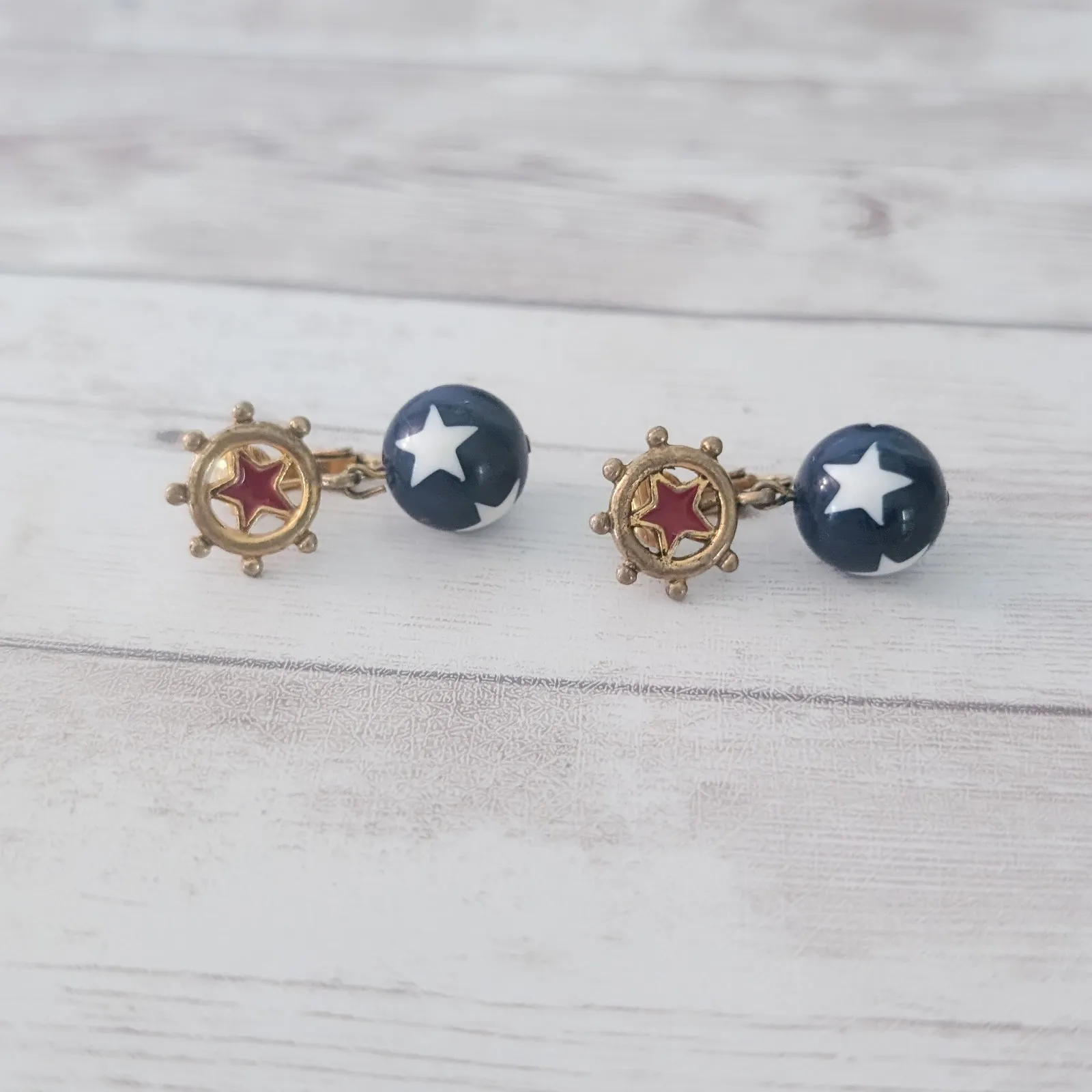 Vintage Clip On Earrings Blue Ball with White Stars Dangle Nautical - Image 4