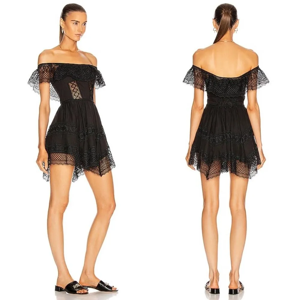 Charo Ruiz Ibiza Black Off Shoulder Lace Layered Asymmetric Vaiana Dress L Size L - Image 5