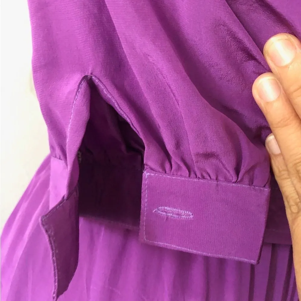 Vintage 80s purple puffed shoulders blousbelted silk 3/4 sleeve midi shift dress - Image 15