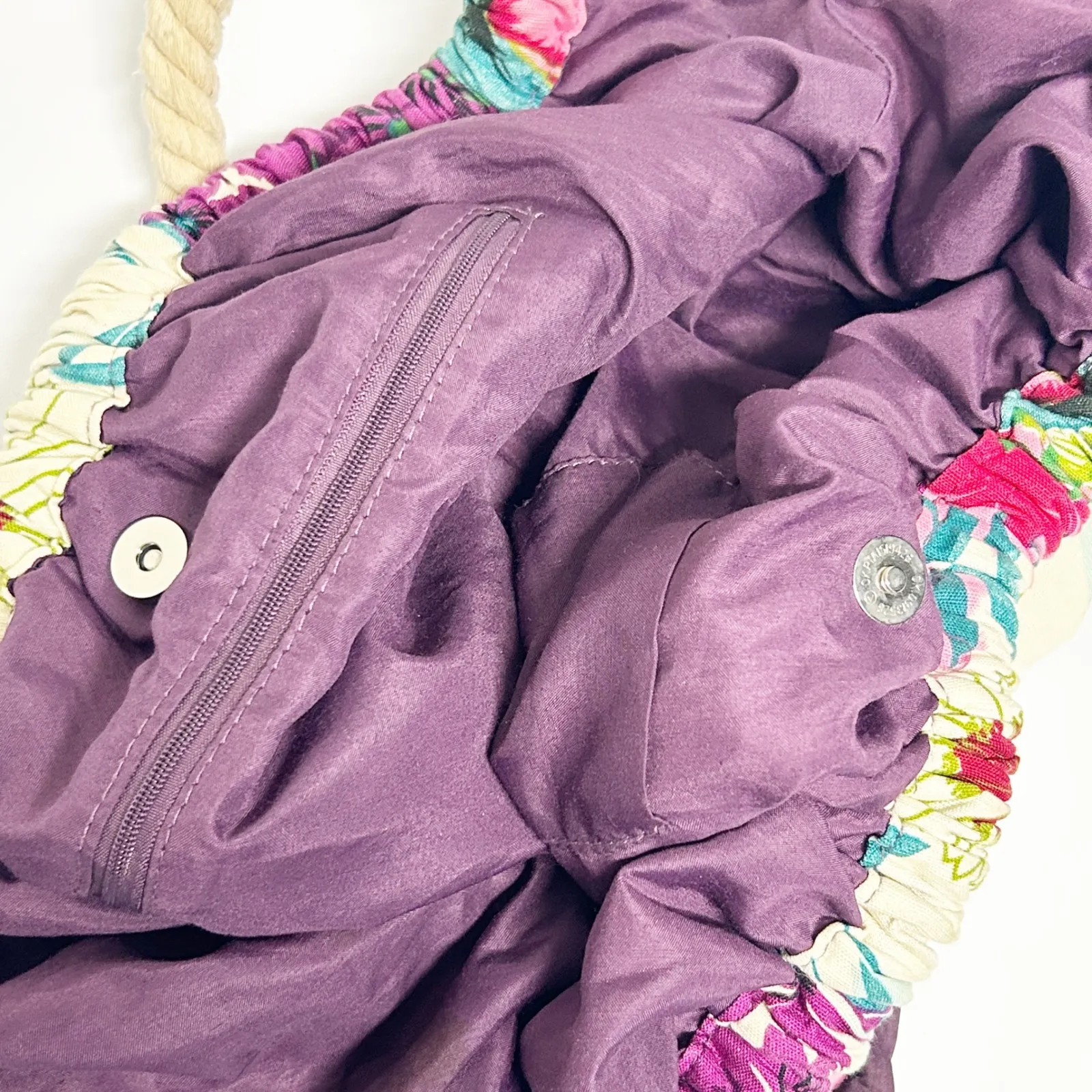 Whimsical Floral Hobo Bag Rope Straps Lightweight Everyday Purse Tropcal Satchel Purple - Image 4