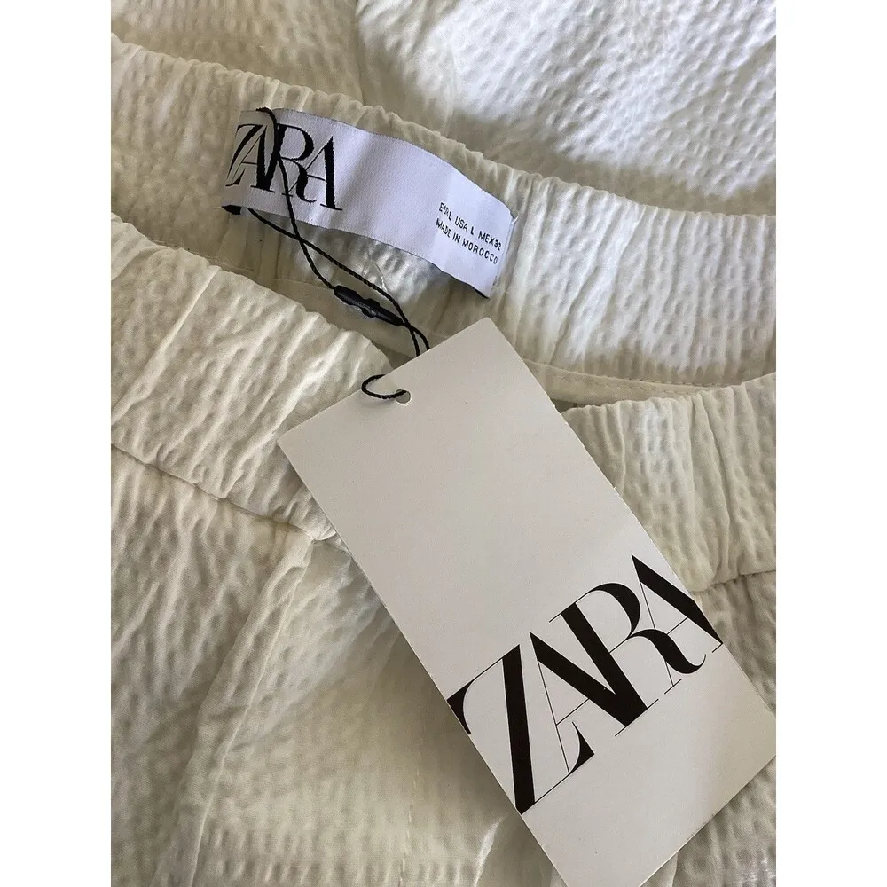 Zara Cargo White Textured Straight Leg Pull On Pants L - Image 4