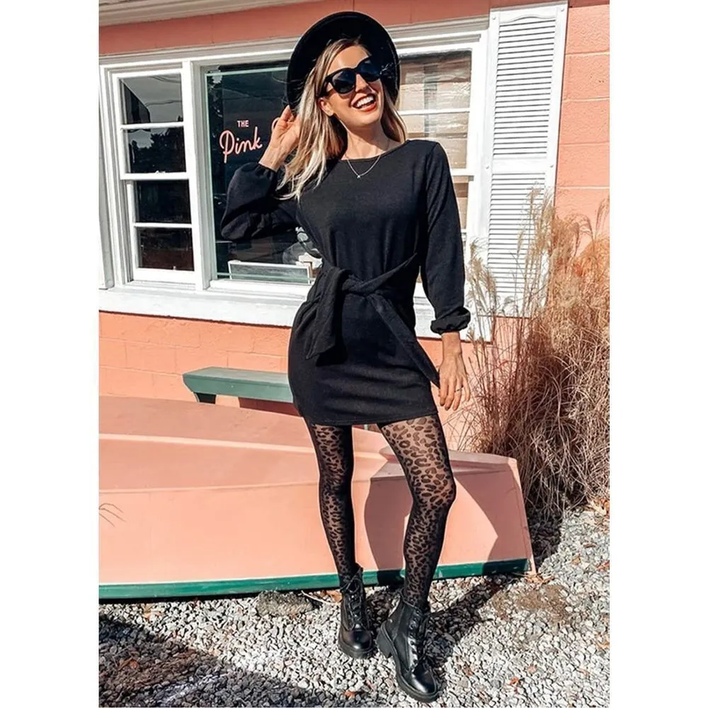 NEW Long Lantern Sleeve Dress Tie Waist Knit Cocktail Dress M - Image 3