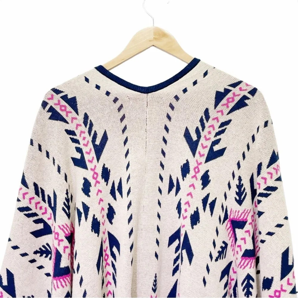 Flying Tomato Boho Aztec Sweater Kimono Size Medium Tan Navy Hot Pink Southwest - Image 6