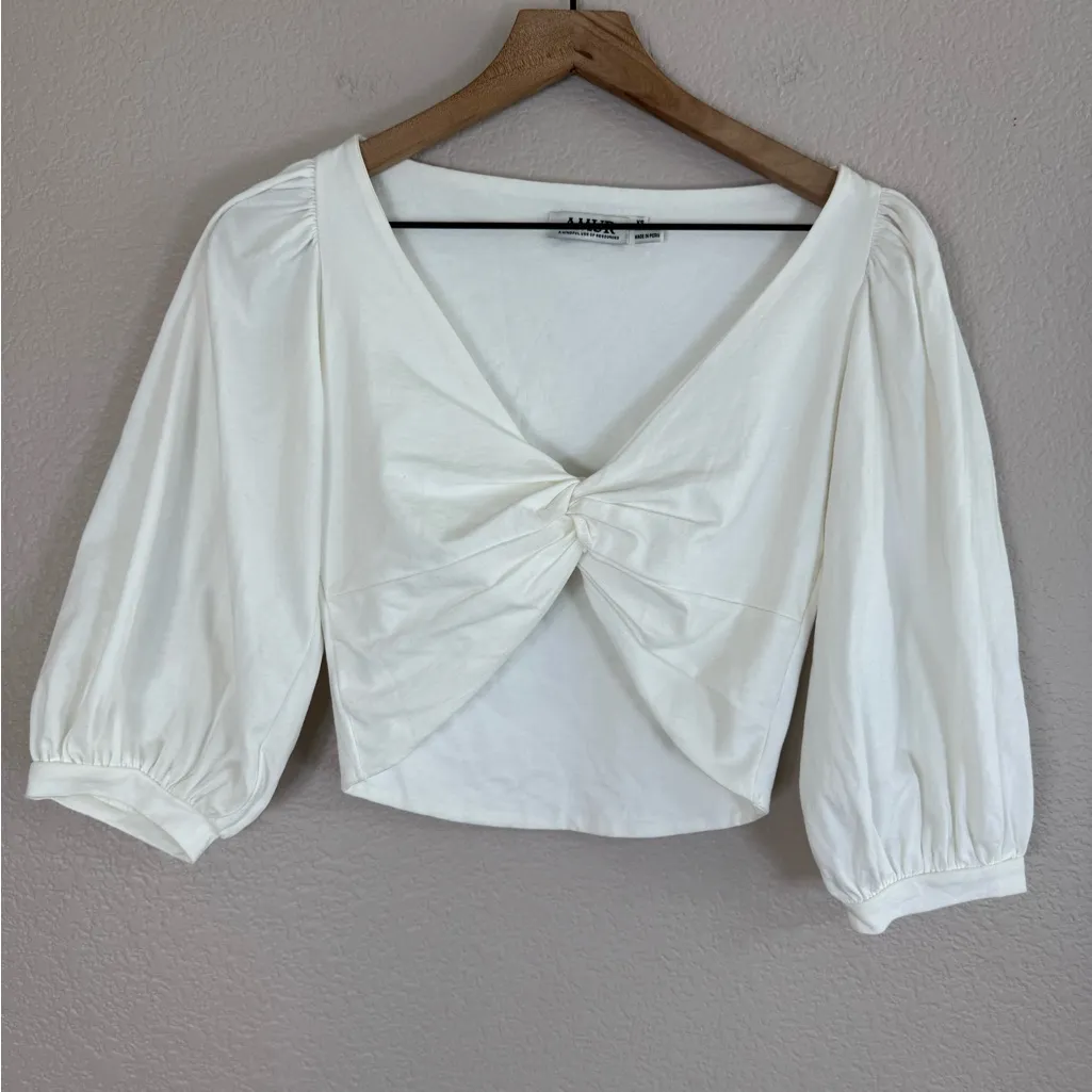 AMUR Oni Cropped Twist Front White Cotton Top Blouse XS $128 - Image 4