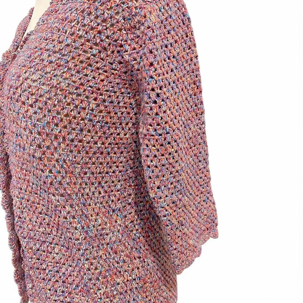Boho Colorful Crochet Knit Open Front Cardigan Pink Size M - Image 4