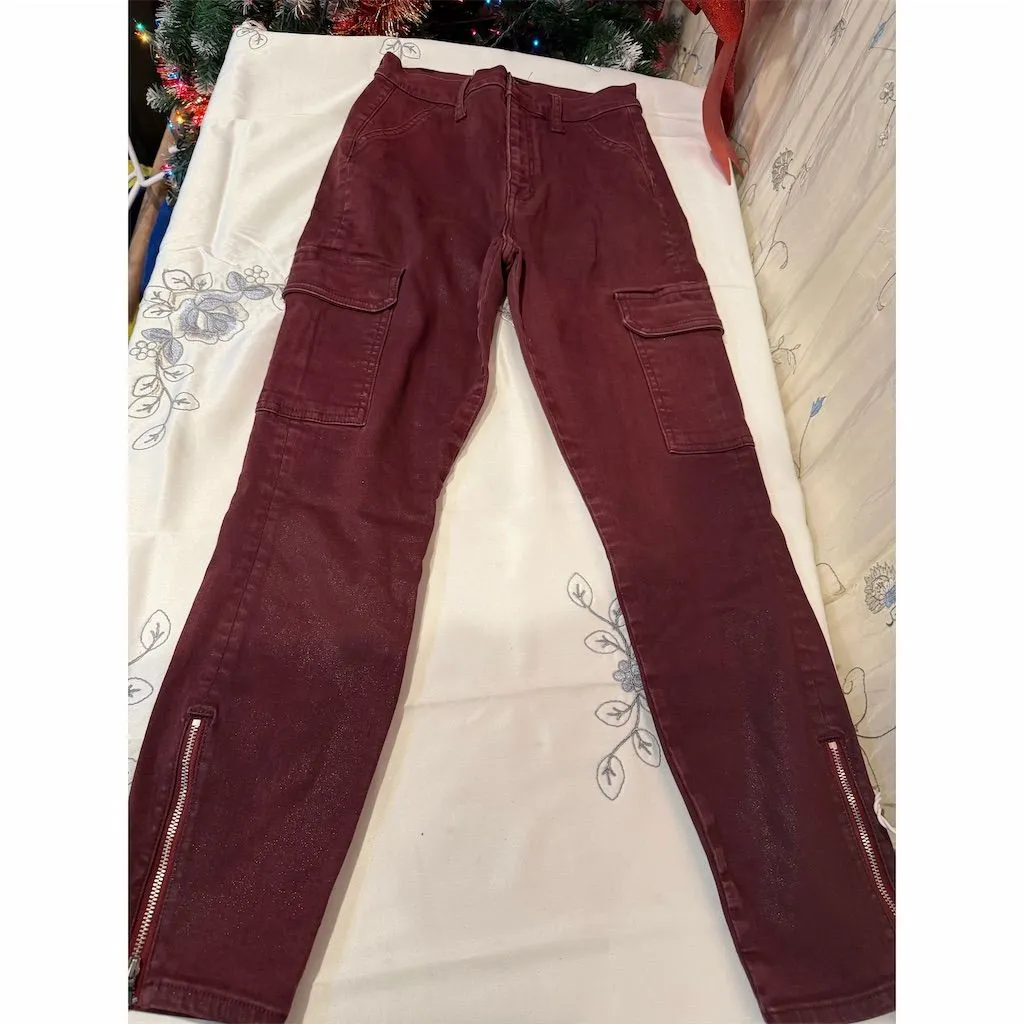 7 For All Mankind Women's Burgundy Cargo Skinny Jeans Size 27 - Image 3