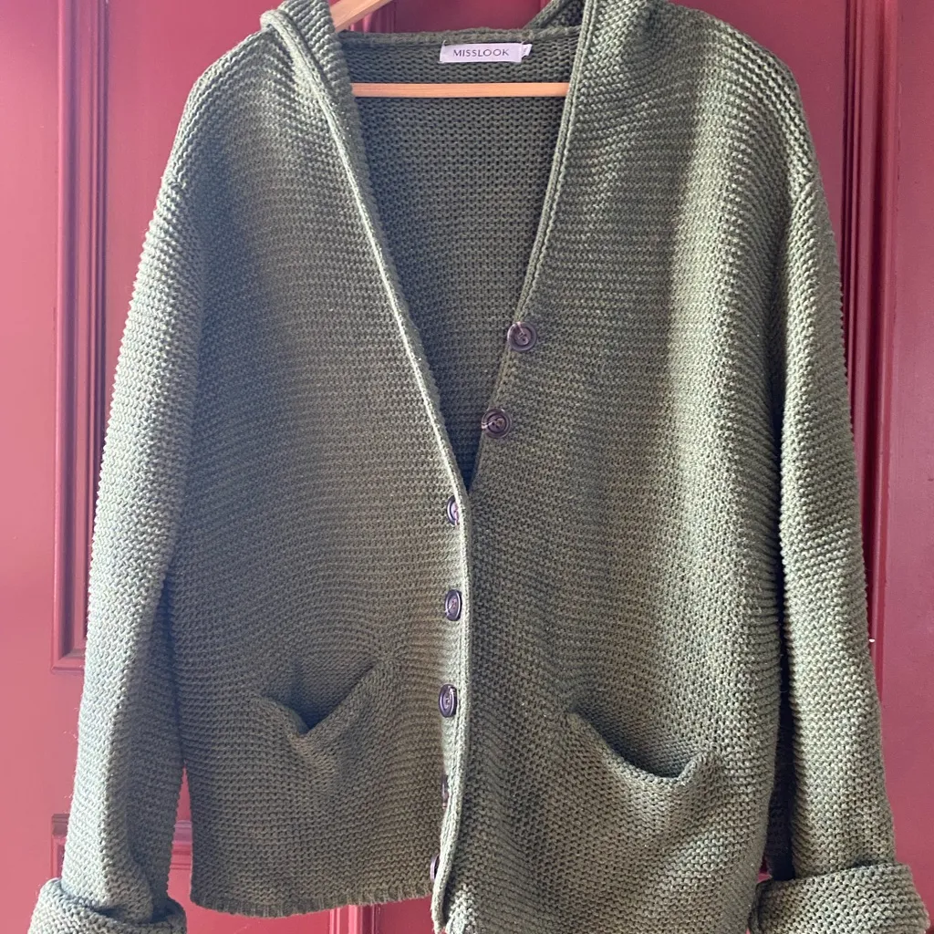 Chunky Knit Hooded Button Up Green Cardigan XL Cozy Layer Boho Fisherman Grandpa - Image 2