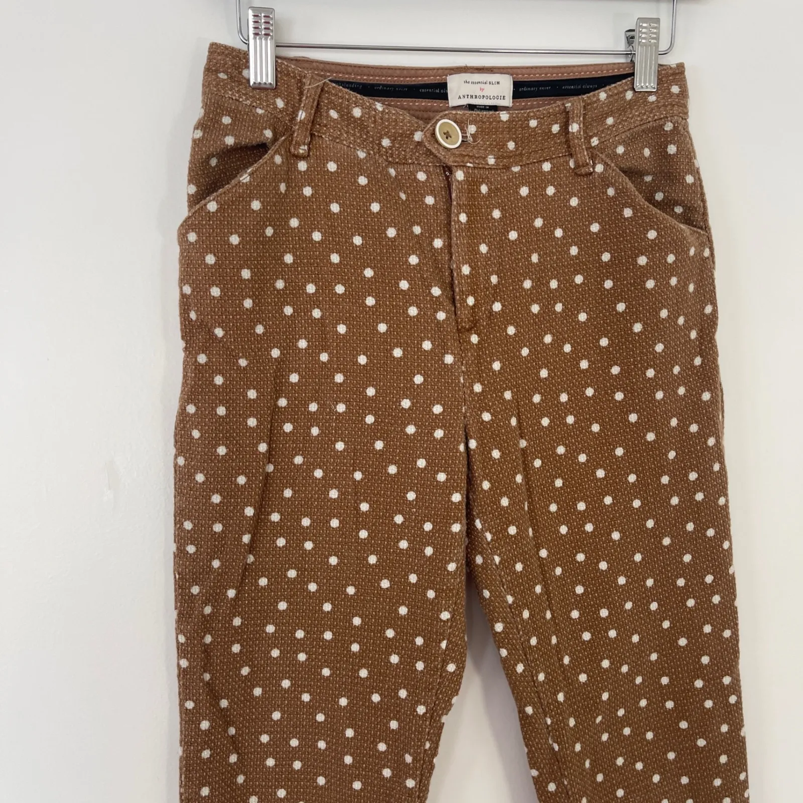 Anthropologie Essential Slim Polka Dot Brown Cotton Blend Pants Women's Size 0‎ - Image 2