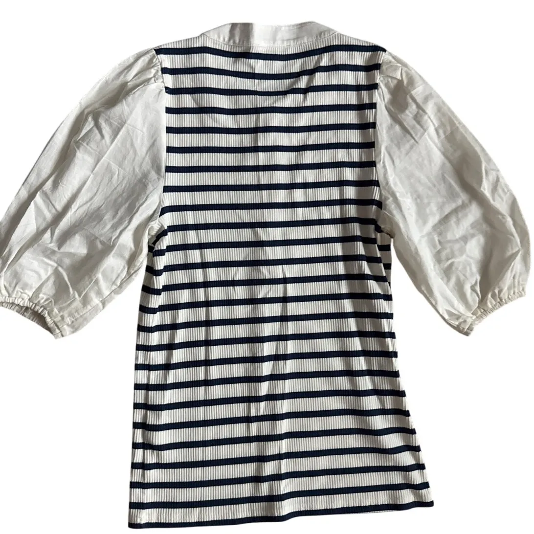 J. Crew Vintage Rib Puff Sleeve‎ Henley Top White Blue Size Small - Image 8