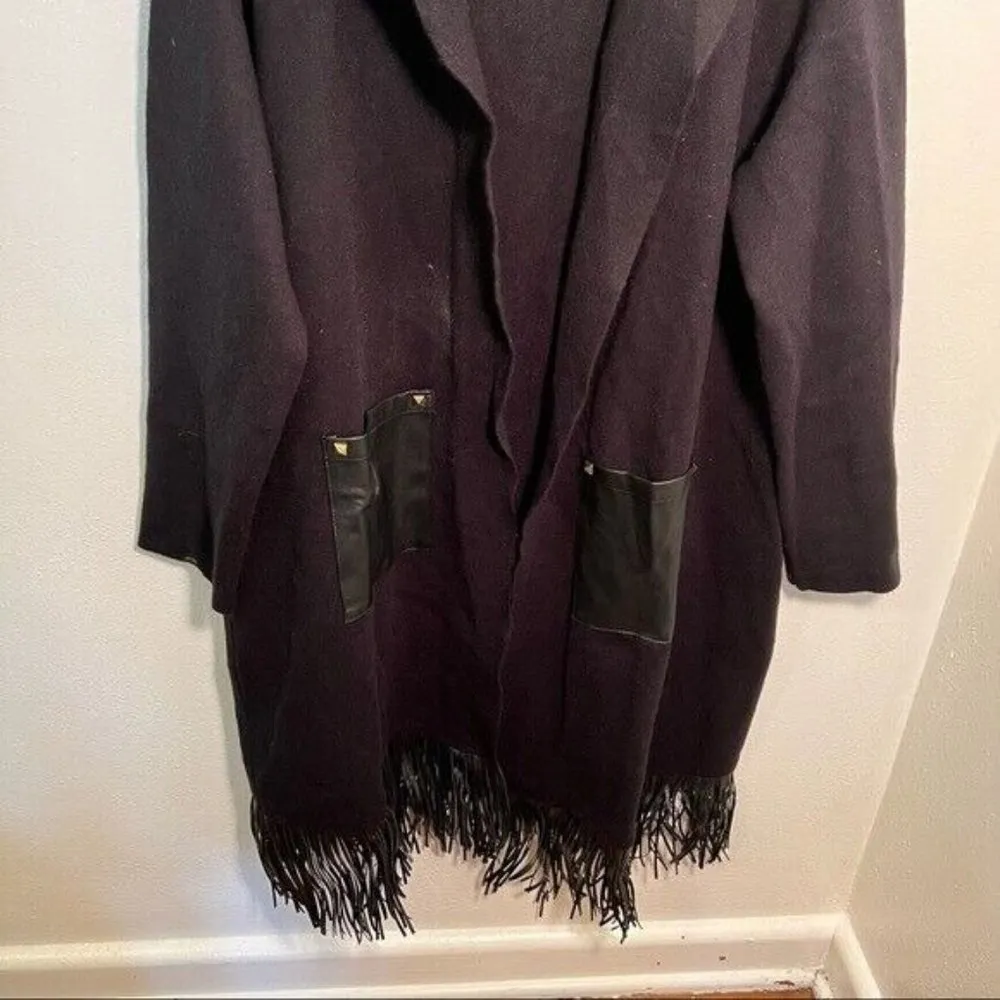 Venus Fringe Detail Duster Cardigan Black Faux Leather Pockets - Image 4