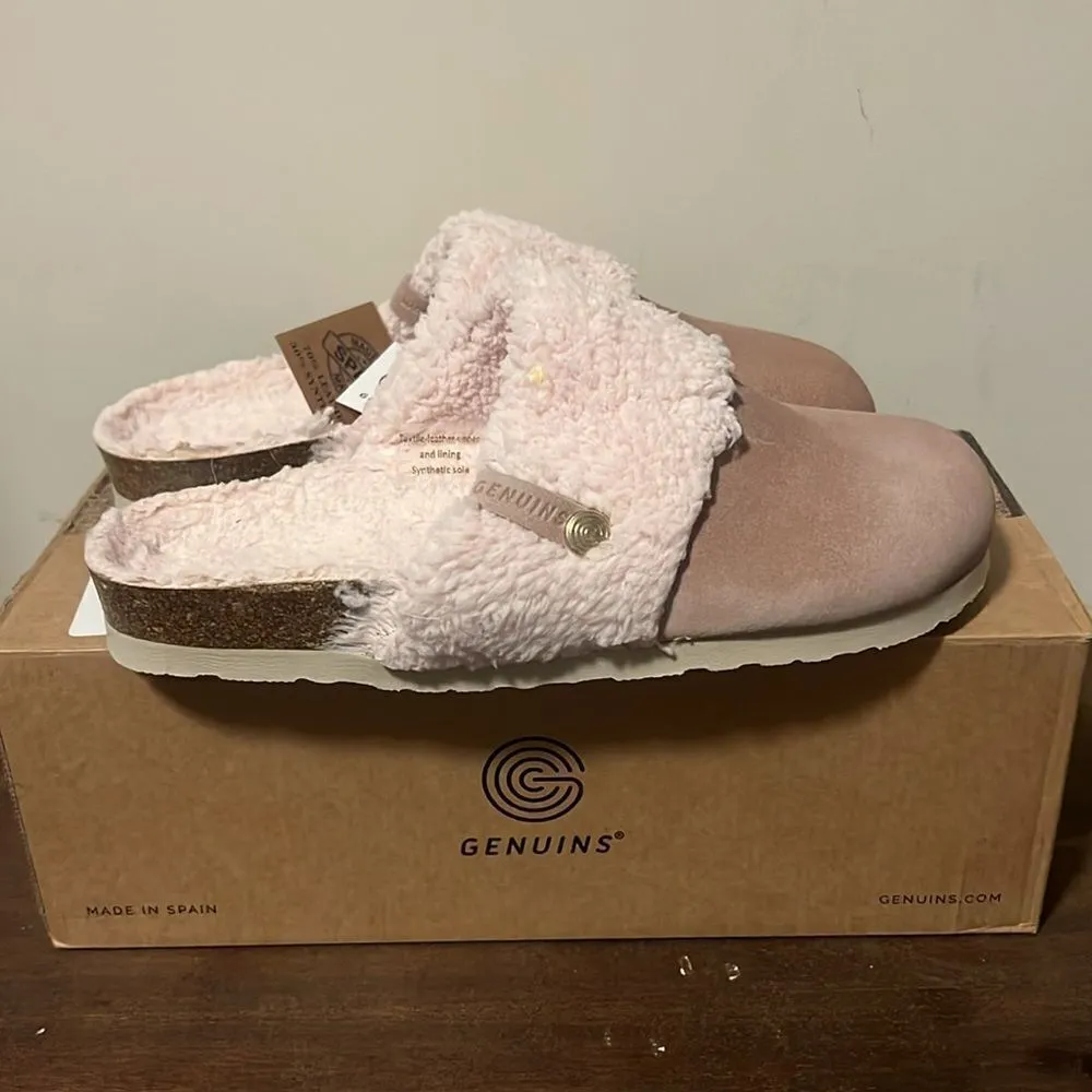 GENUINS Clog Pink Suede Faux Sherpa Cozy Slip On Slipper Slide Shoes Tan Size 7.5 - Image 4