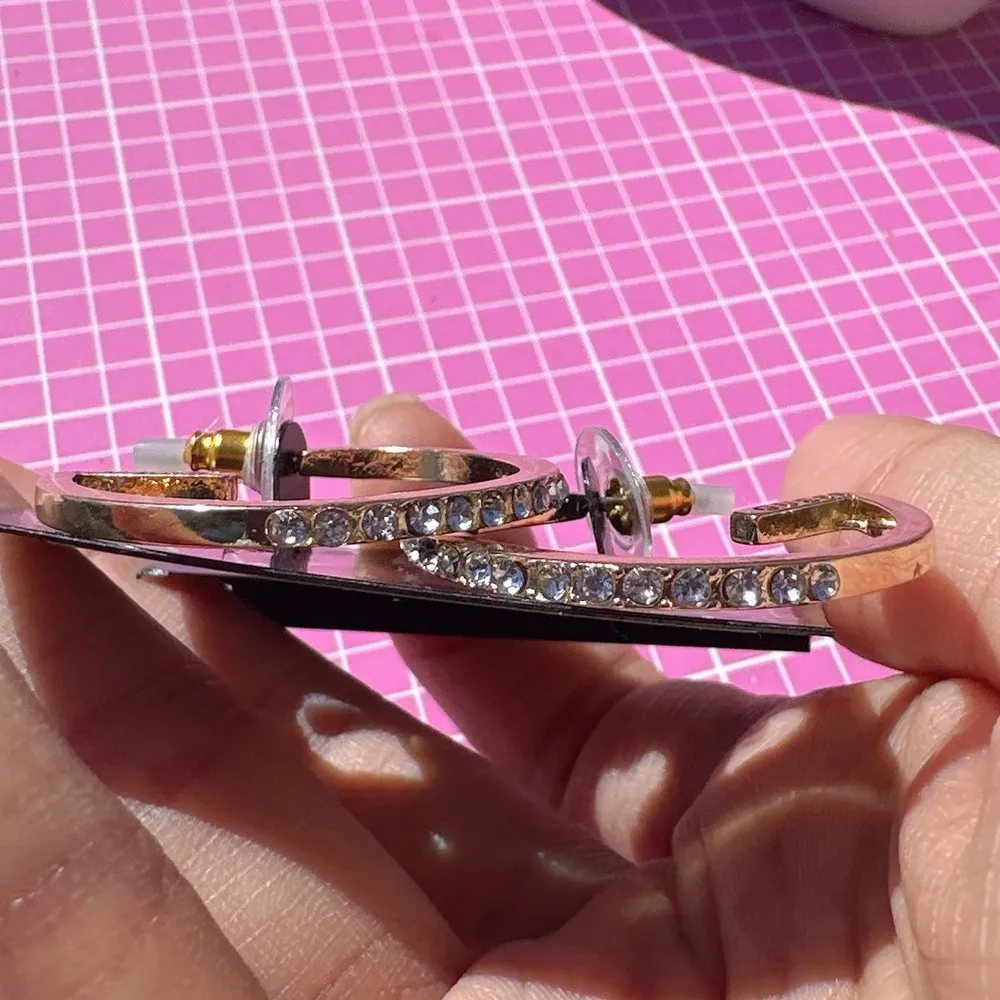 Guess Earrings G shape open loop diamond paved drops gold tone logo signed - Image 6