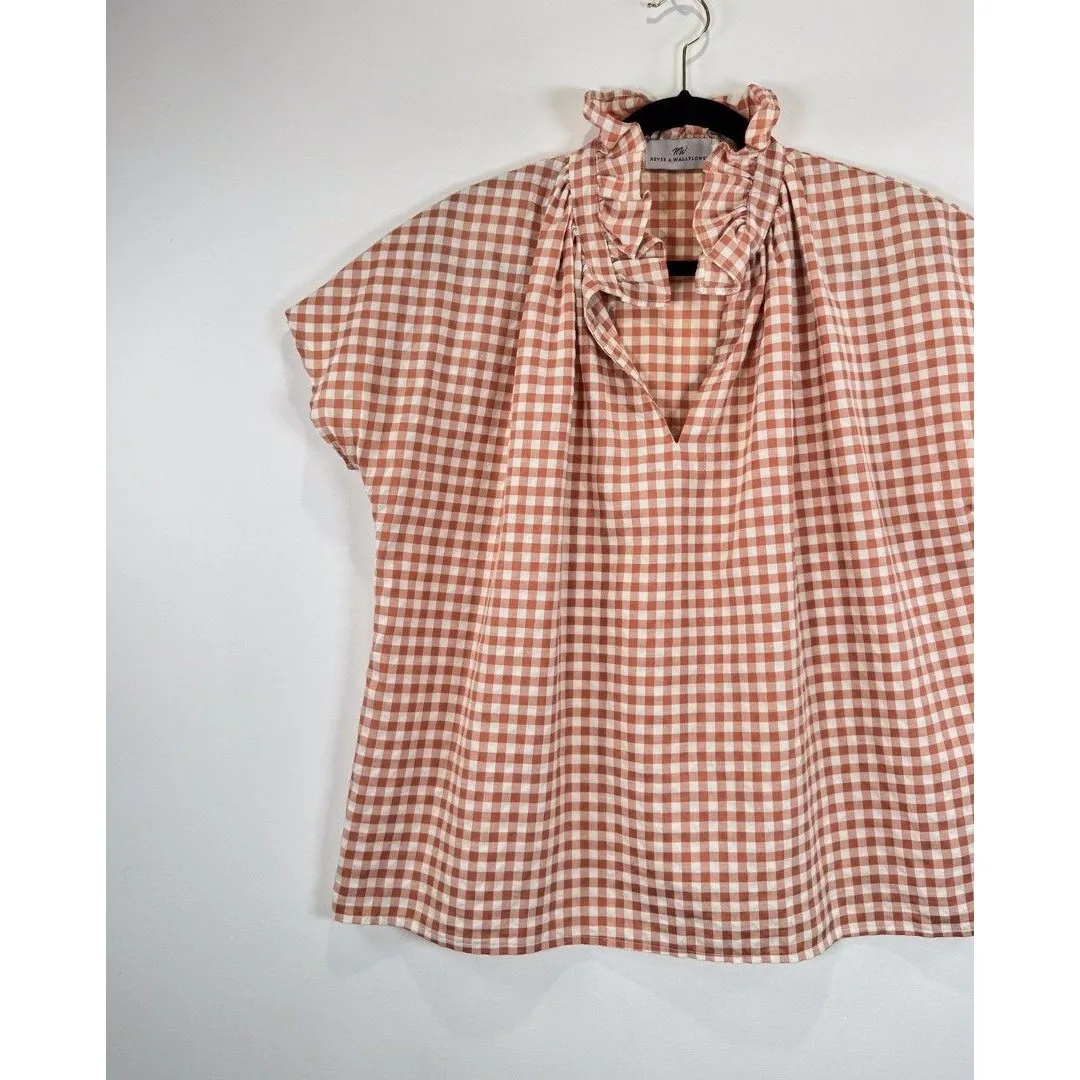 Never A Wallflower Womens Top Brown Ruffle High Neck Plaid Short Sleeve Large - Image 4