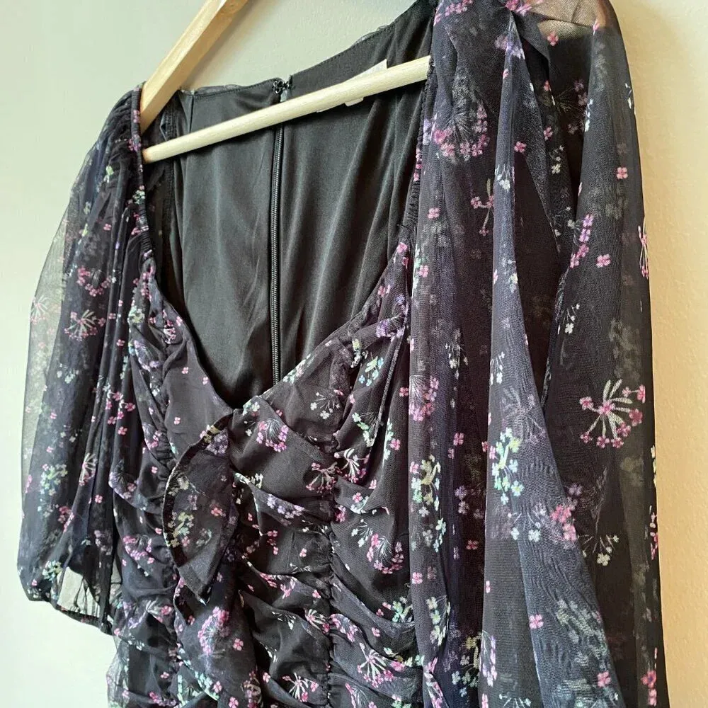 Et Clet Women's Small Puff Sleeves Ruched Floral Print Mini Dress Black Party - Image 10