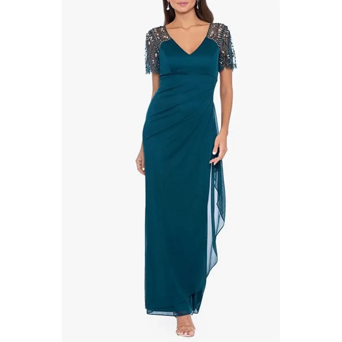 Xscape Sheer Matte Jersey V-Neck Short Sleeve Beaded Ruched Sheath Dress Size 16 - Image 8