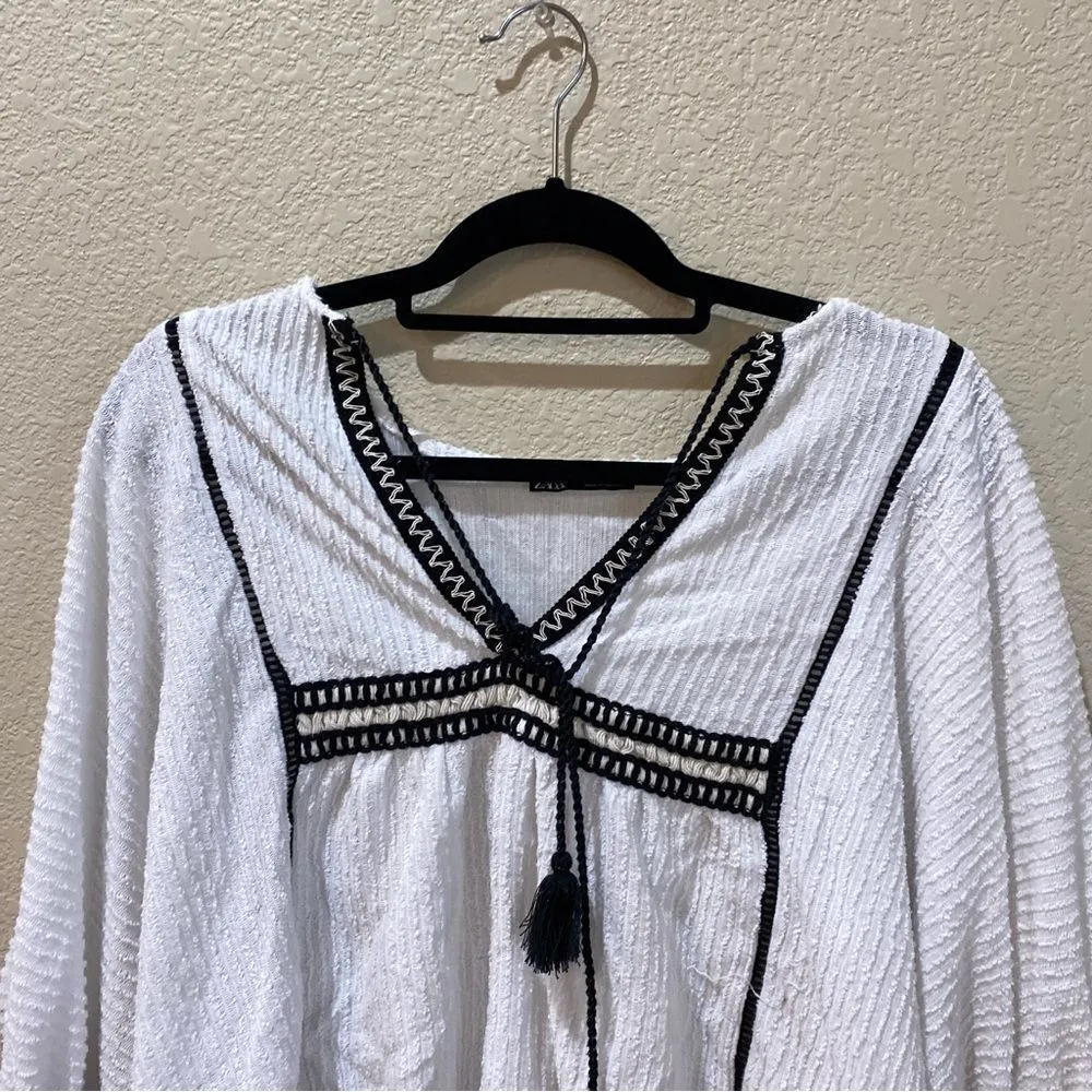 ZARA White Boho Blouse Cords Tassels Cotton Size Medium - Image 4