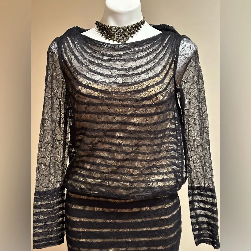 Tadashi Shoji Mermaid Delicate All Lace Gown SZ 4 Black Lace Beige Line … - Image 3