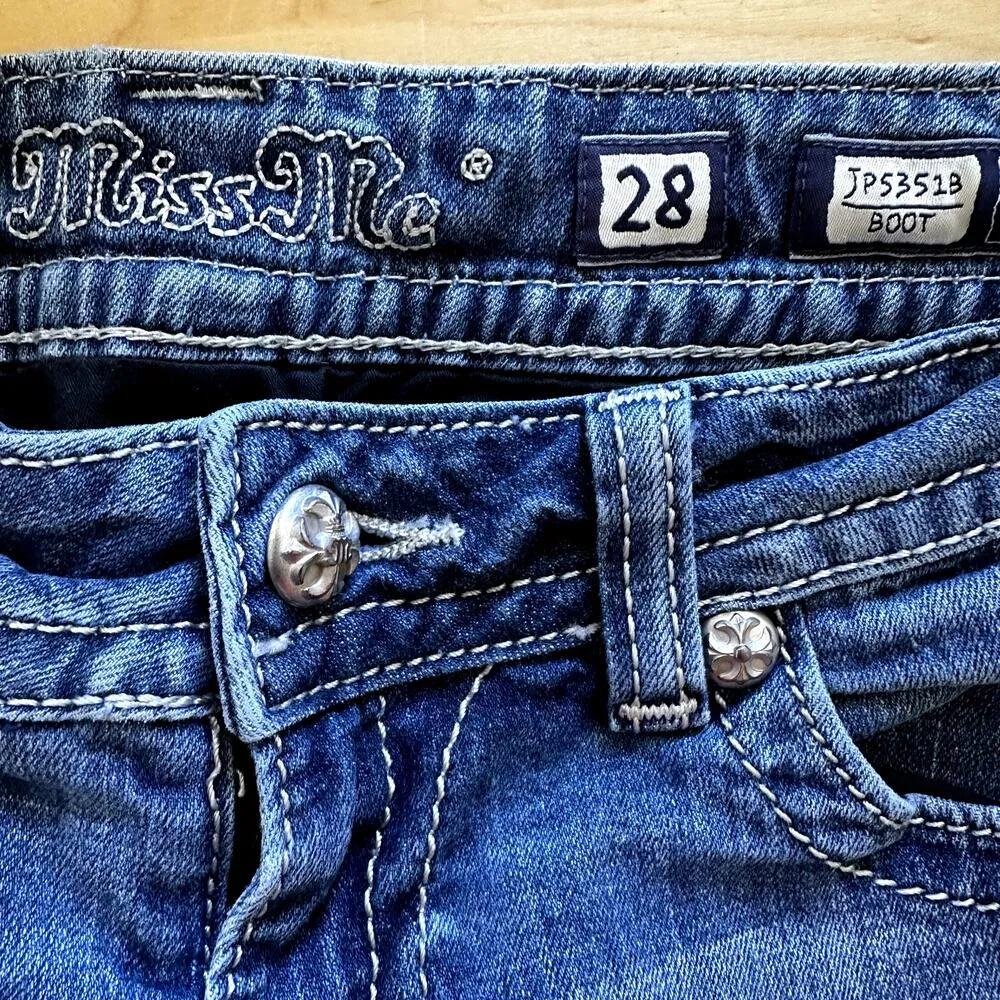 Miss Me Bootcut Jeans Rhinestone Embroidered Logo Medium Wash Western Blue 28 - Image 3