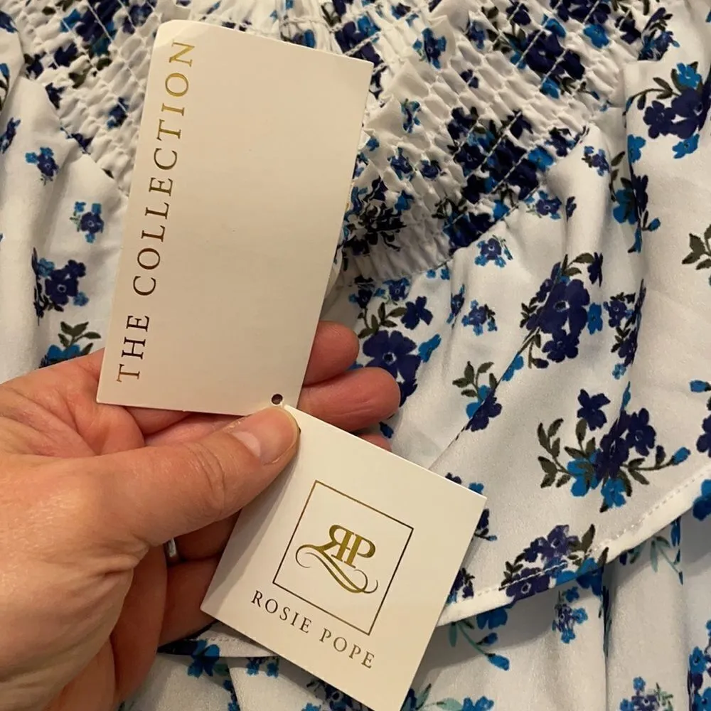 Rosie Pope Maternity Blue & White Floral Serena off the shoulder Dress White Size undefined - Image 4