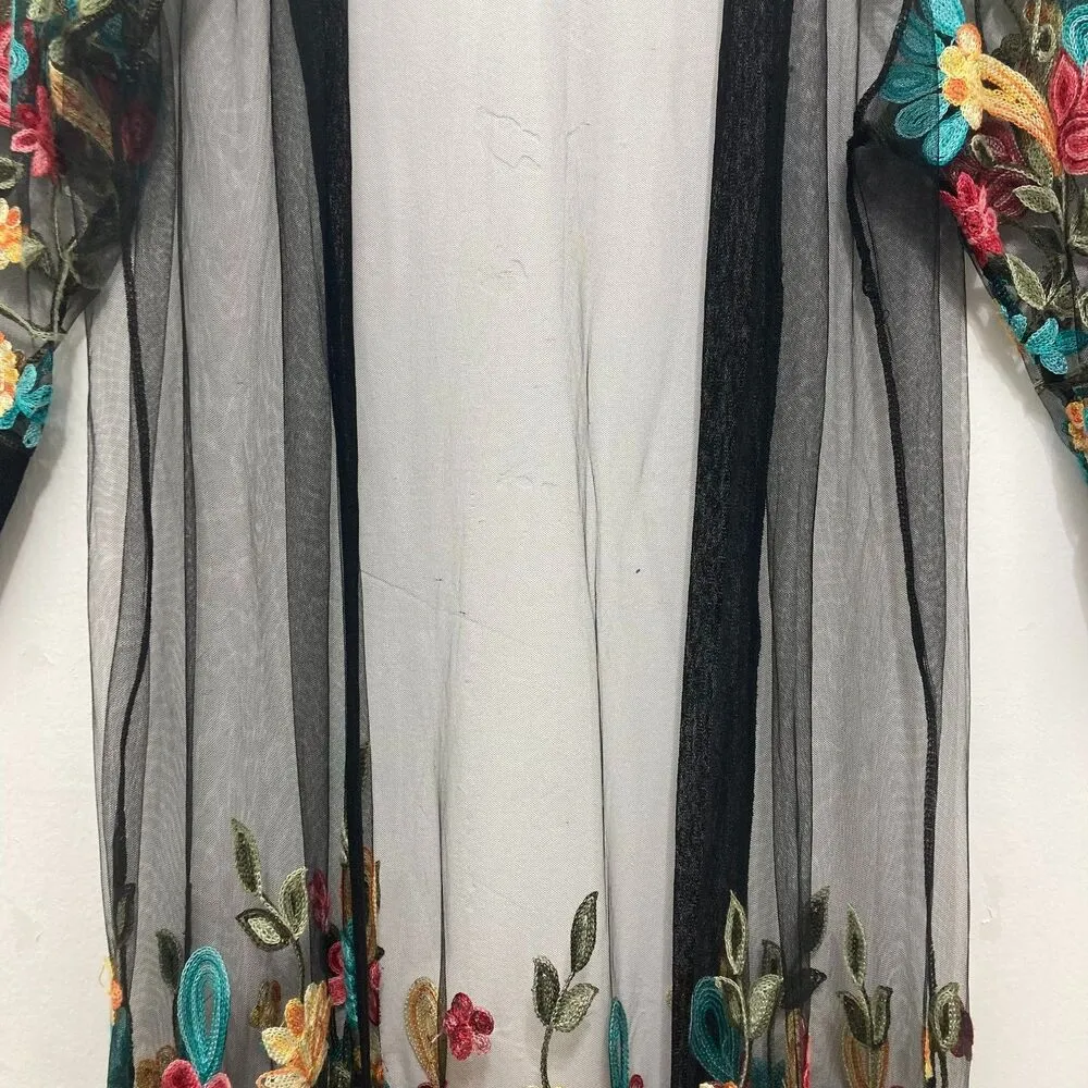Women Floral Embroidered Mesh Long Jacket Cardigan Casual Coats Beach One Size Black - Image 12