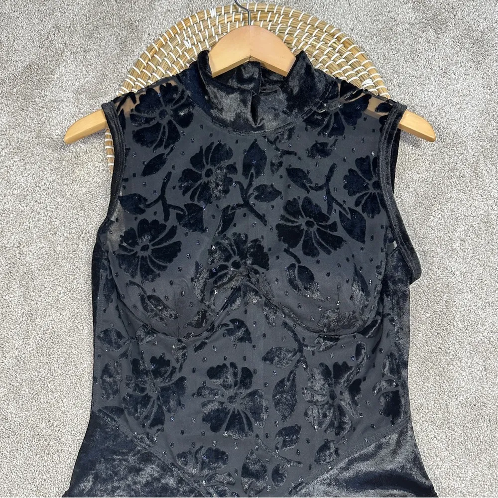Vintage Victoria's Secret Gold Label Black Mesh Mock Neck Sexy Velvet Bodysuit L - Image 2
