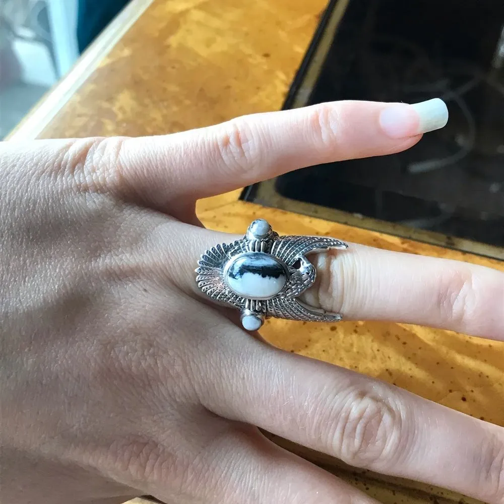 Natural White Buffalo Sterling Silver Eagle Ring Size 6 - Image 3