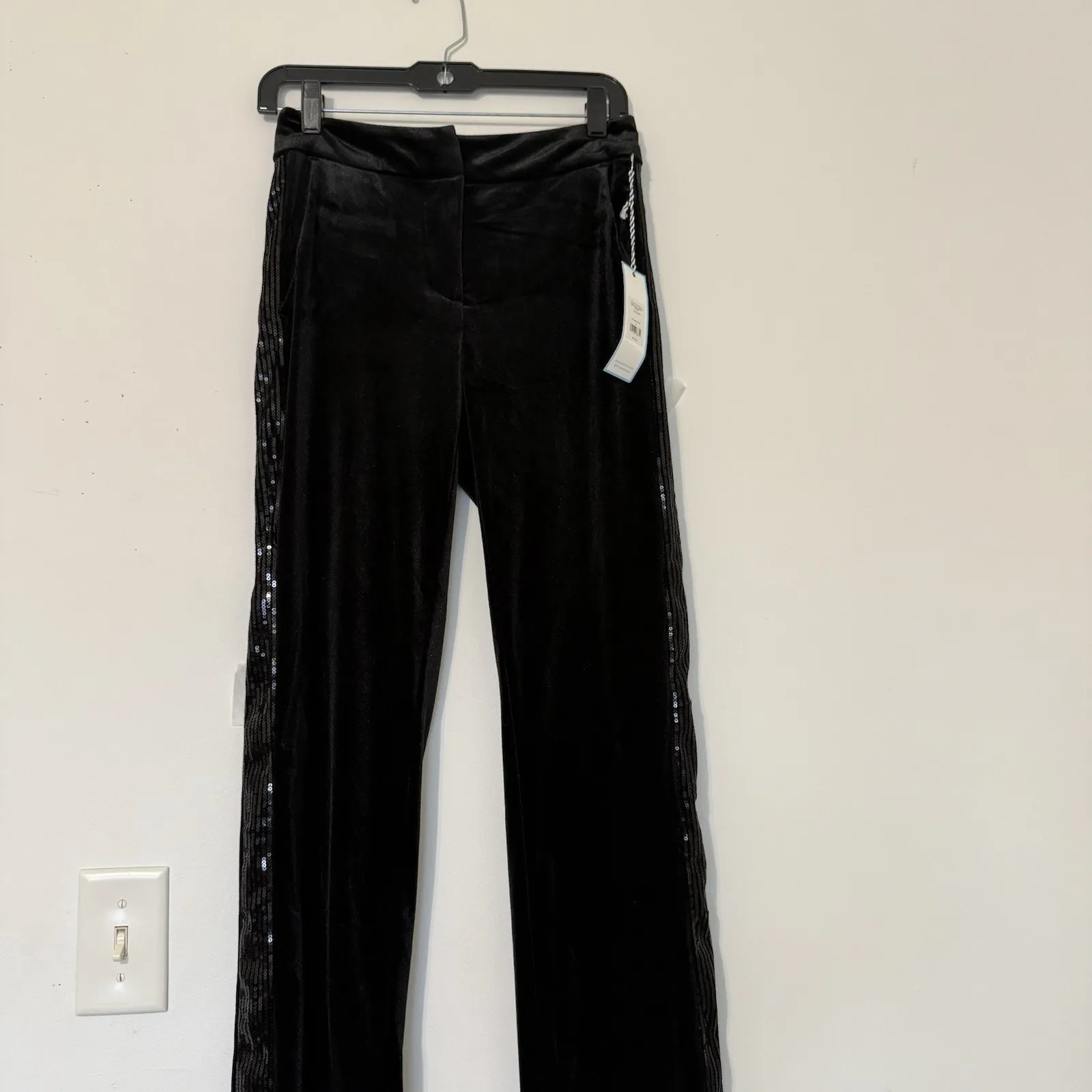 Draper James Velvet Fly Front Pants with Sequin Stripe Women’s Size 2 NWT Black - Image 2