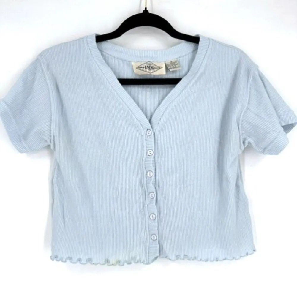 Y2K B. Moss Ribbed Henley Lettuce Trim‎ Crop Shirt Pink & Blue Medium Baby Tee - Image 7