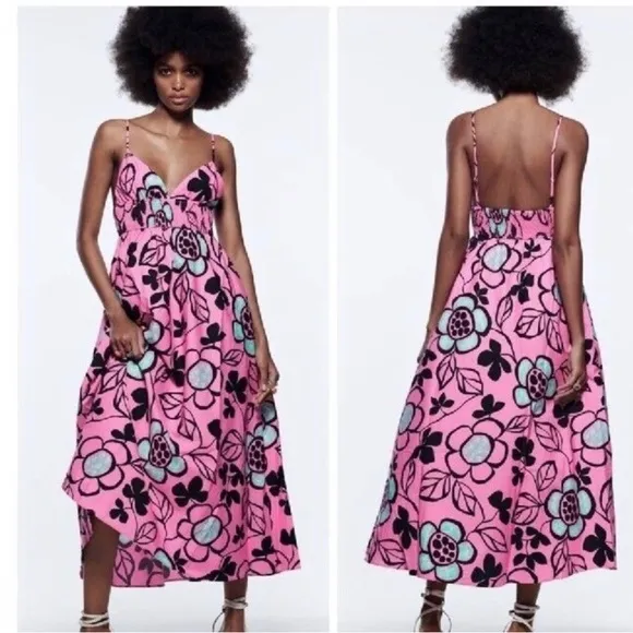 ZARA Floral Retro Midi Length Pink Dress Size XS - Image 2