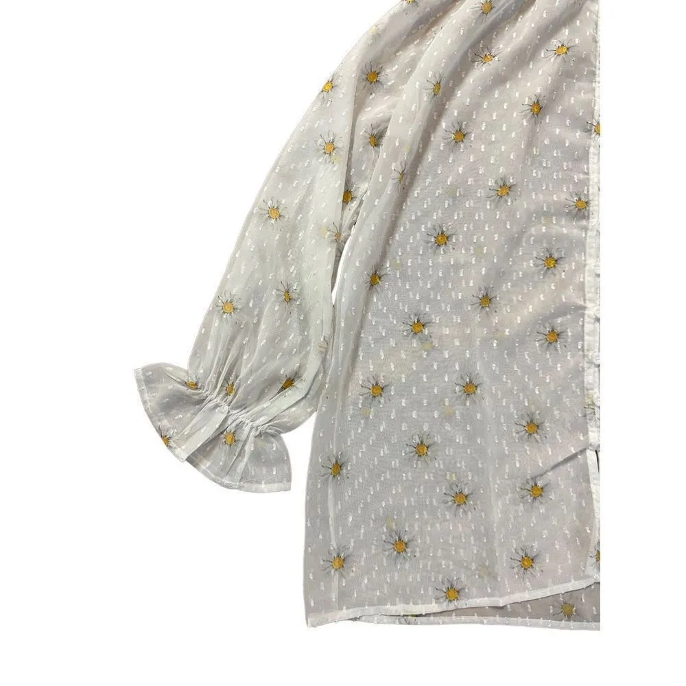 Misslook white daisy print chiffon long sleeve peasant blouse S - Image 7